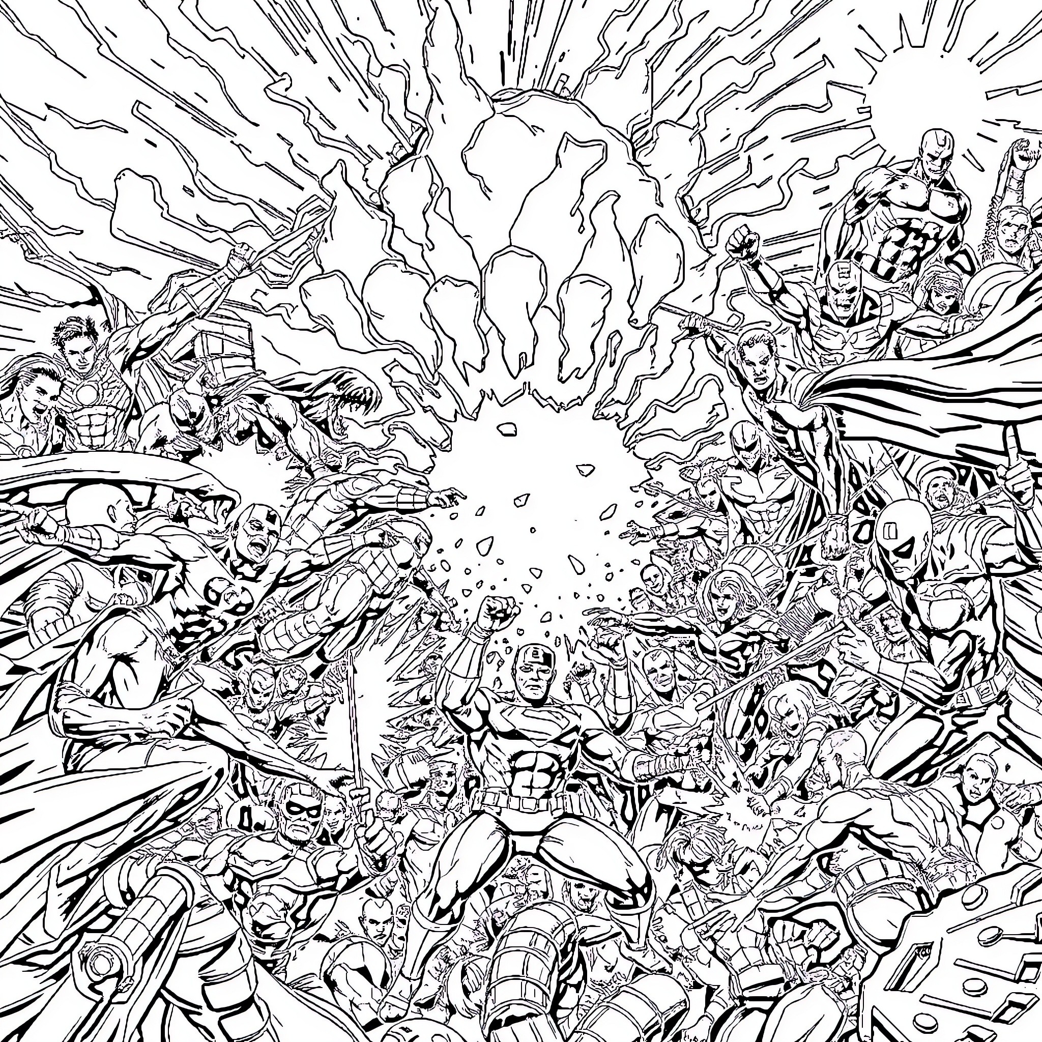 Superhero Chaos: Explosive Showdown Coloring Page (free black-and-white line drawing printable PDF for all, from beginners to advanced learners, including children, teens, adults, and seniors)
