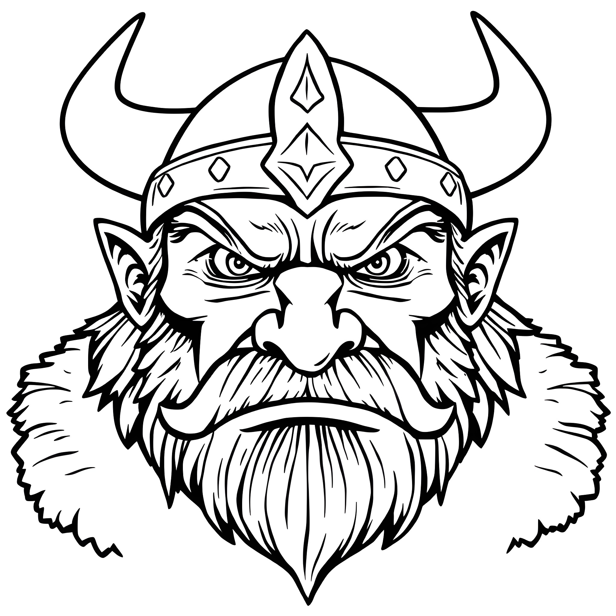 Viking Warrior with Fierce Expression and Horned Helmet Coloring Page (free black-and-white line drawing printable PDF for all, from beginners to advanced learners, including children, teens, adults, and seniors)