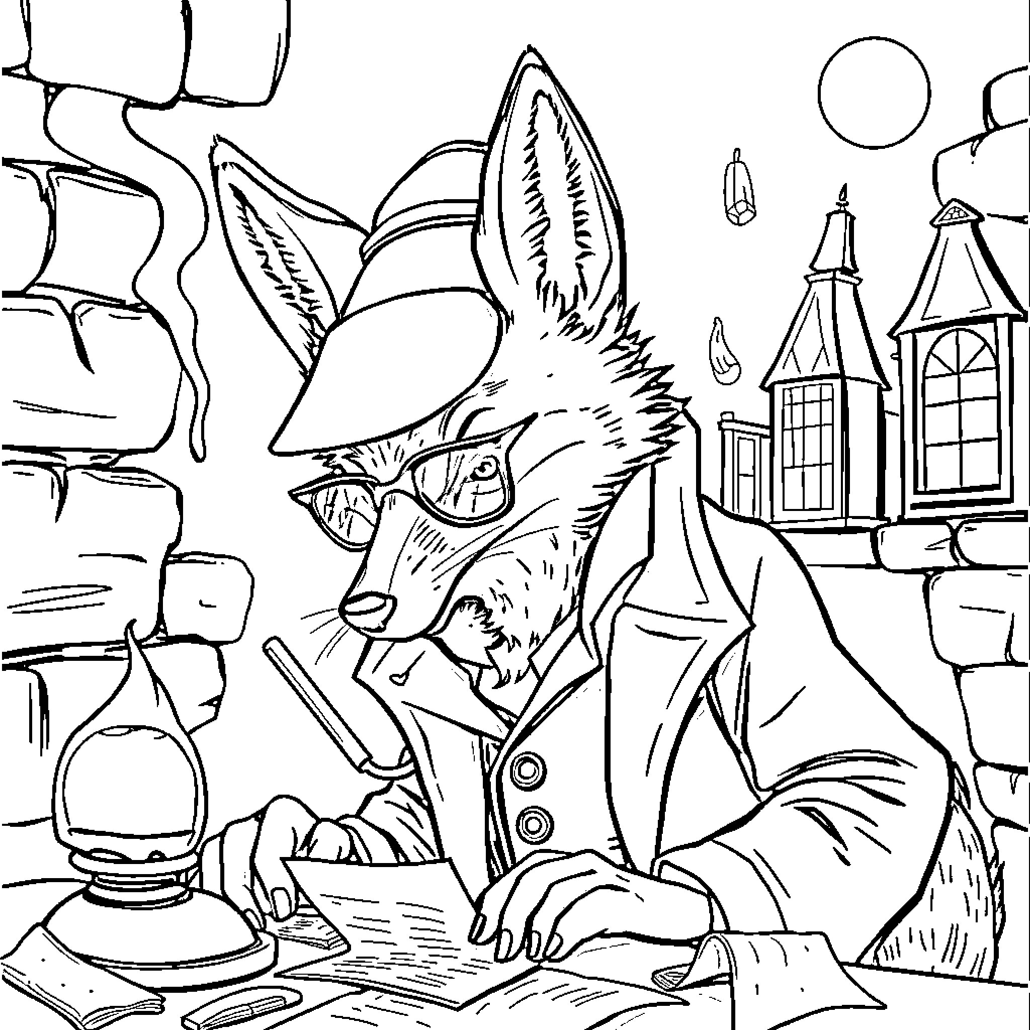 Fox scholar studying late into the night Coloring Page (free black-and-white line drawing printable PDF for all, from beginners to advanced learners, including children, teens, adults, and seniors)