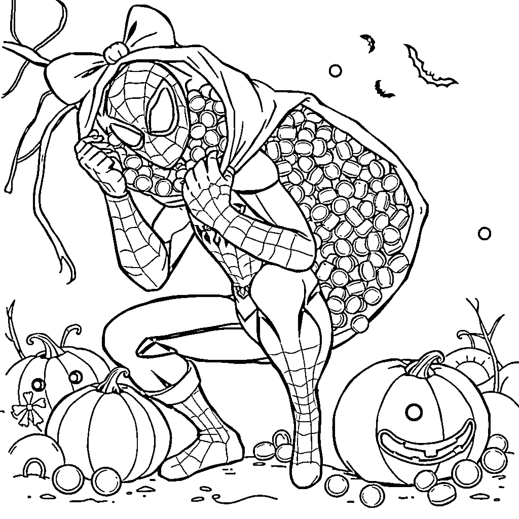 Spiderman Crawling Among Pumpkins and Bats Coloring Page (free black-and-white line drawing printable PDF for all, from beginners to advanced learners, including children, teens, adults, and seniors)