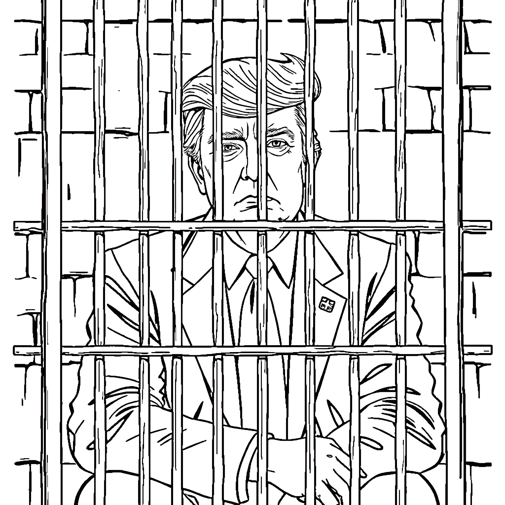 Donald Trump Behind Bars Coloring Page (free black-and-white line drawing printable PDF for all, from beginners to advanced learners, including children, teens, adults, and seniors)