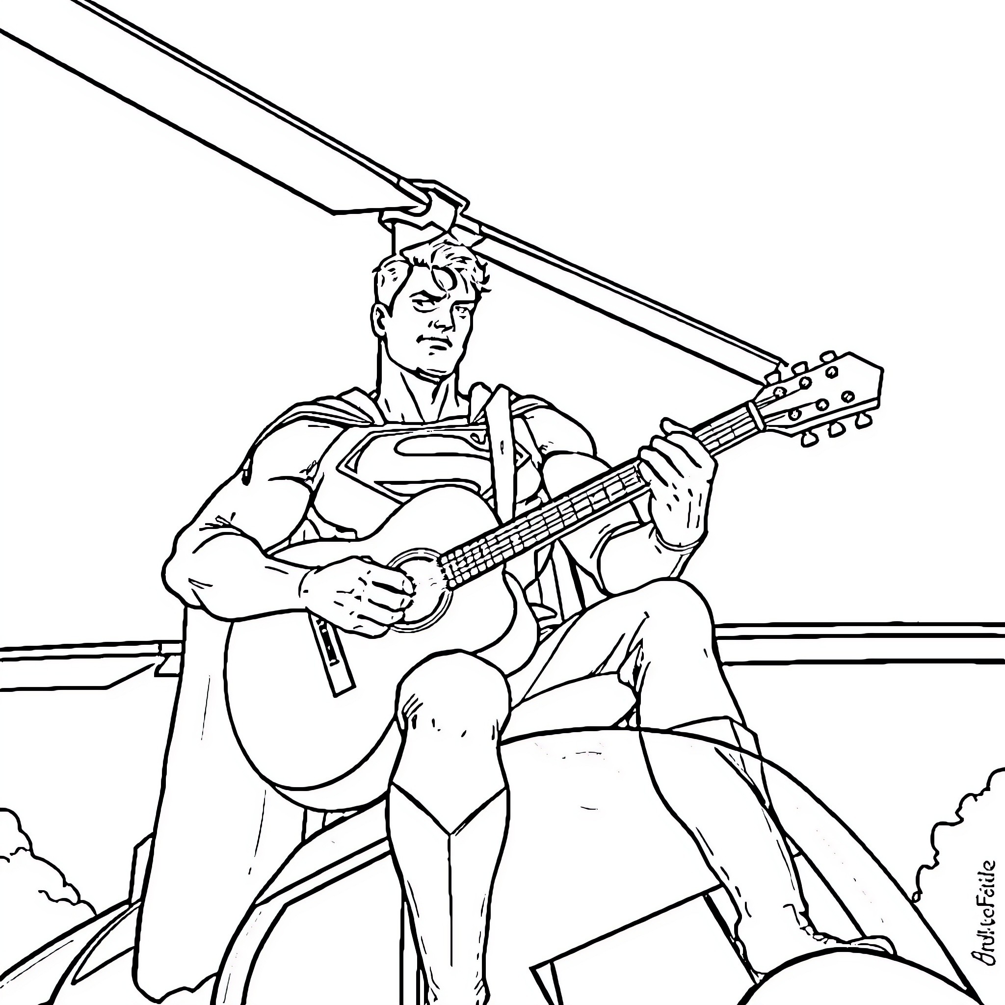 Superman Playing Guitar on Stage Coloring Page (free black-and-white line drawing printable PDF for all, from beginners to advanced learners, including children, teens, adults, and seniors)