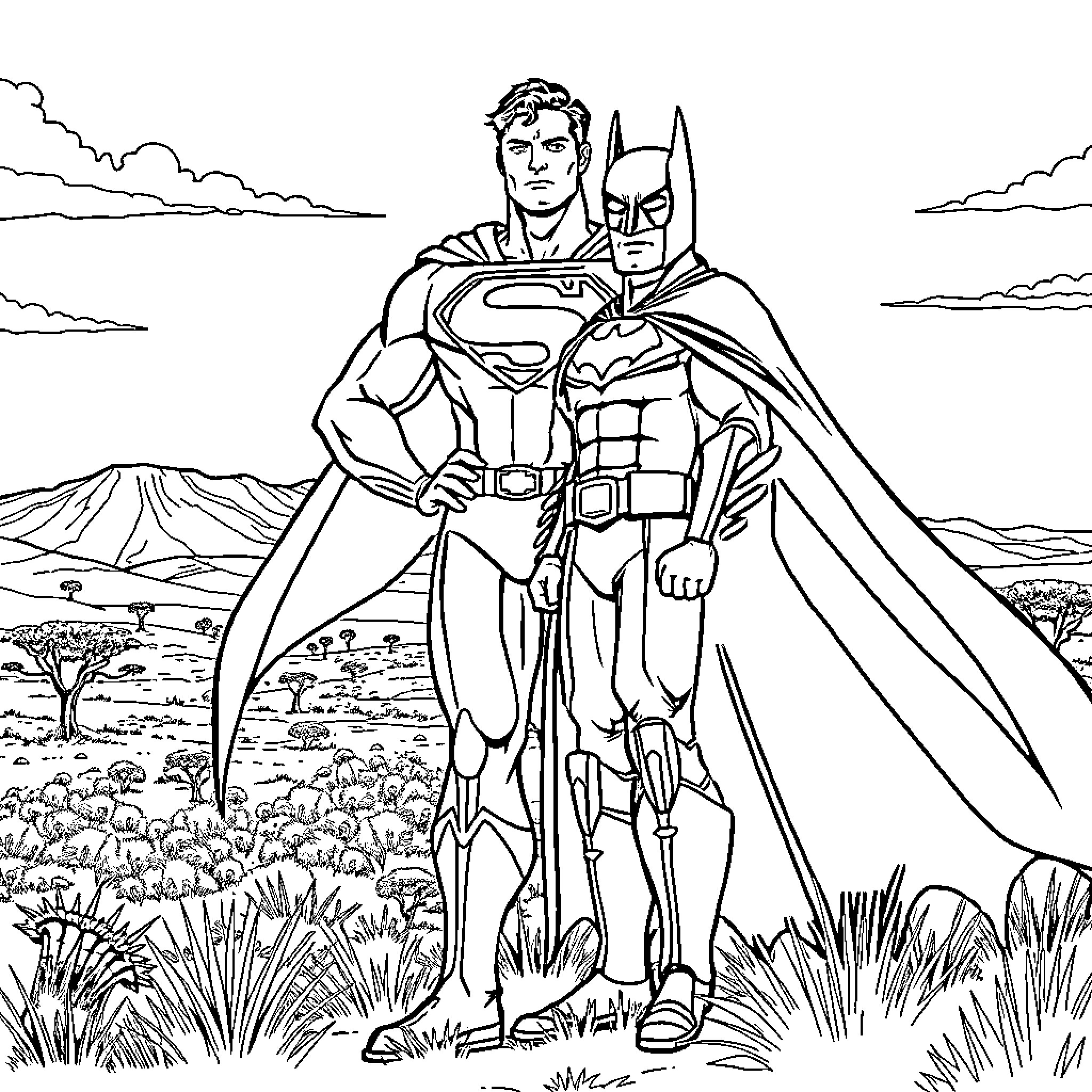 Superman and Batman standing together in heroic poses Coloring Page (free black-and-white line drawing printable PDF for all, from beginners to advanced learners, including children, teens, adults, and seniors)