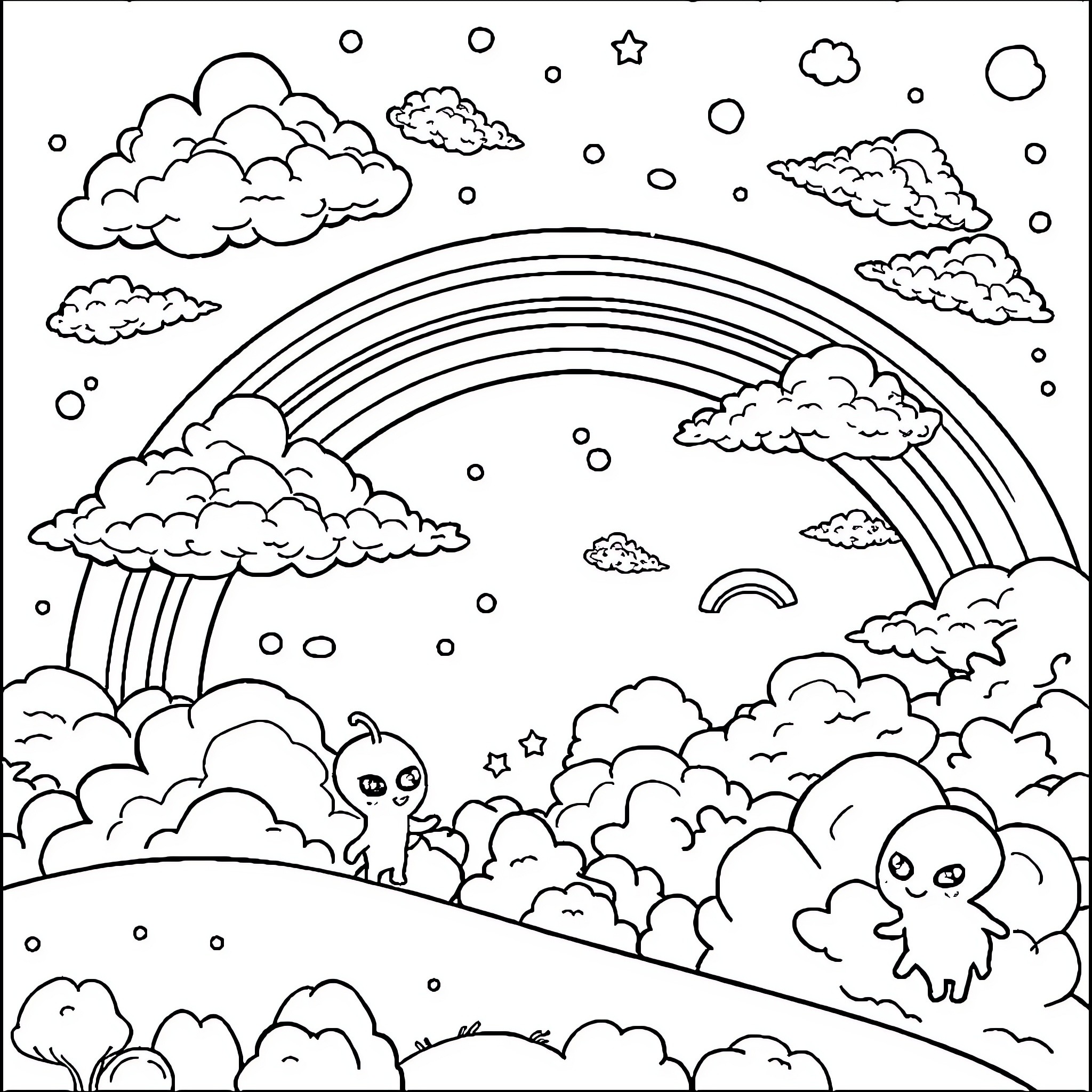 Sky filled with playful creatures and rainbow Coloring Page (free black-and-white line drawing printable PDF for all, from beginners to advanced learners, including children, teens, adults, and seniors)
