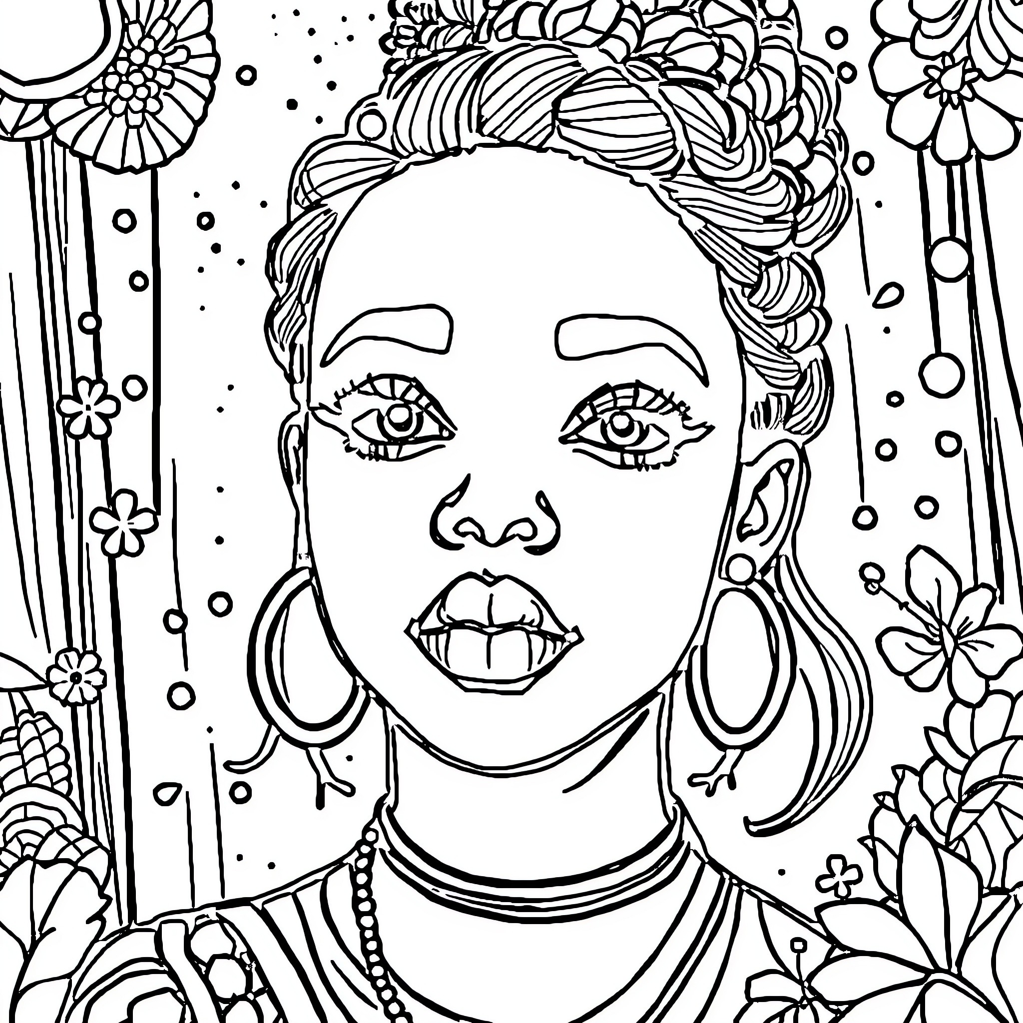 Affirmation of Vibrant Floral Adornment Coloring Page (free black-and-white line drawing printable PDF for all, from beginners to advanced learners, including children, teens, adults, and seniors)
