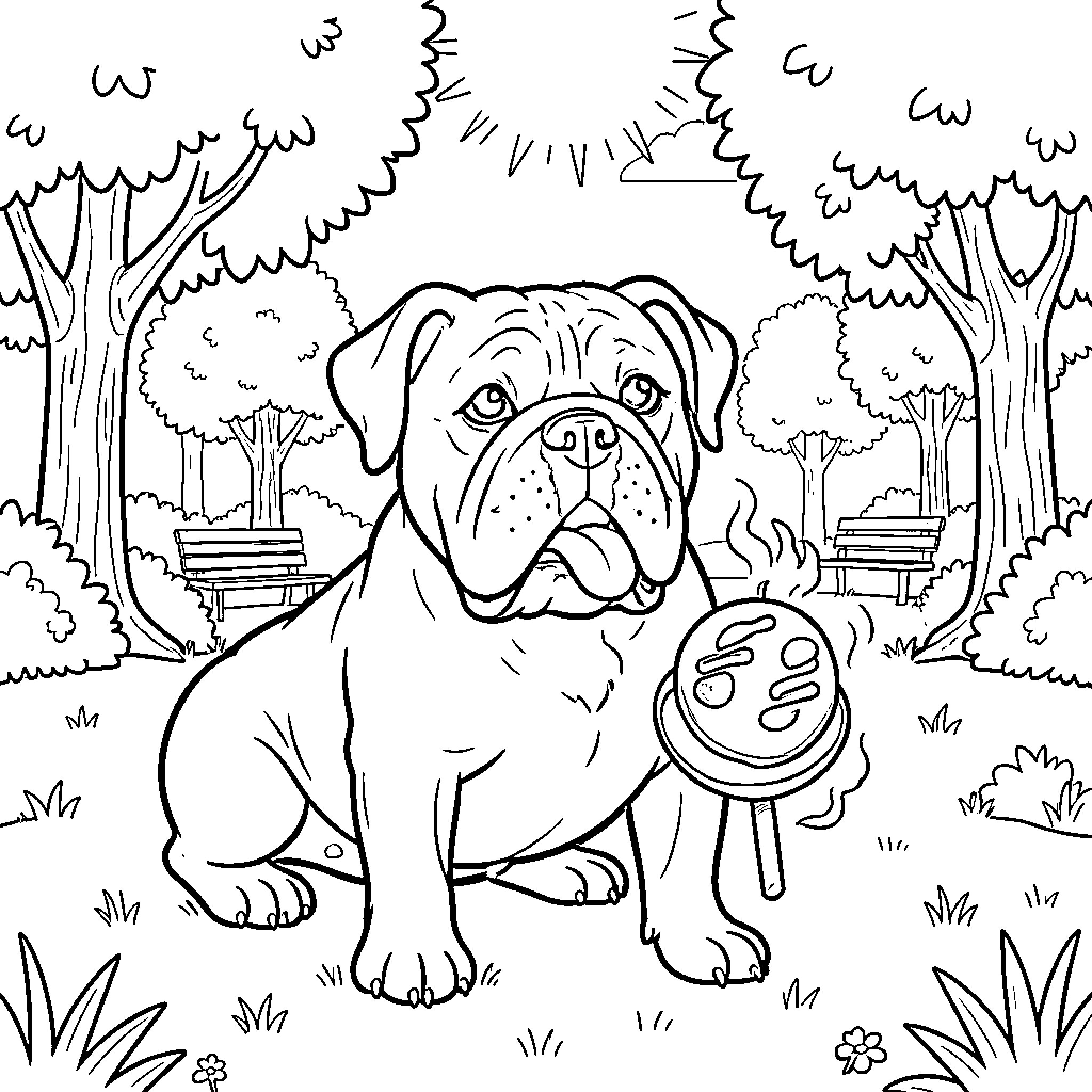 Bulldog exploring the forest landscape Coloring Page (free black-and-white line drawing printable PDF for all, from beginners to advanced learners, including children, teens, adults, and seniors)