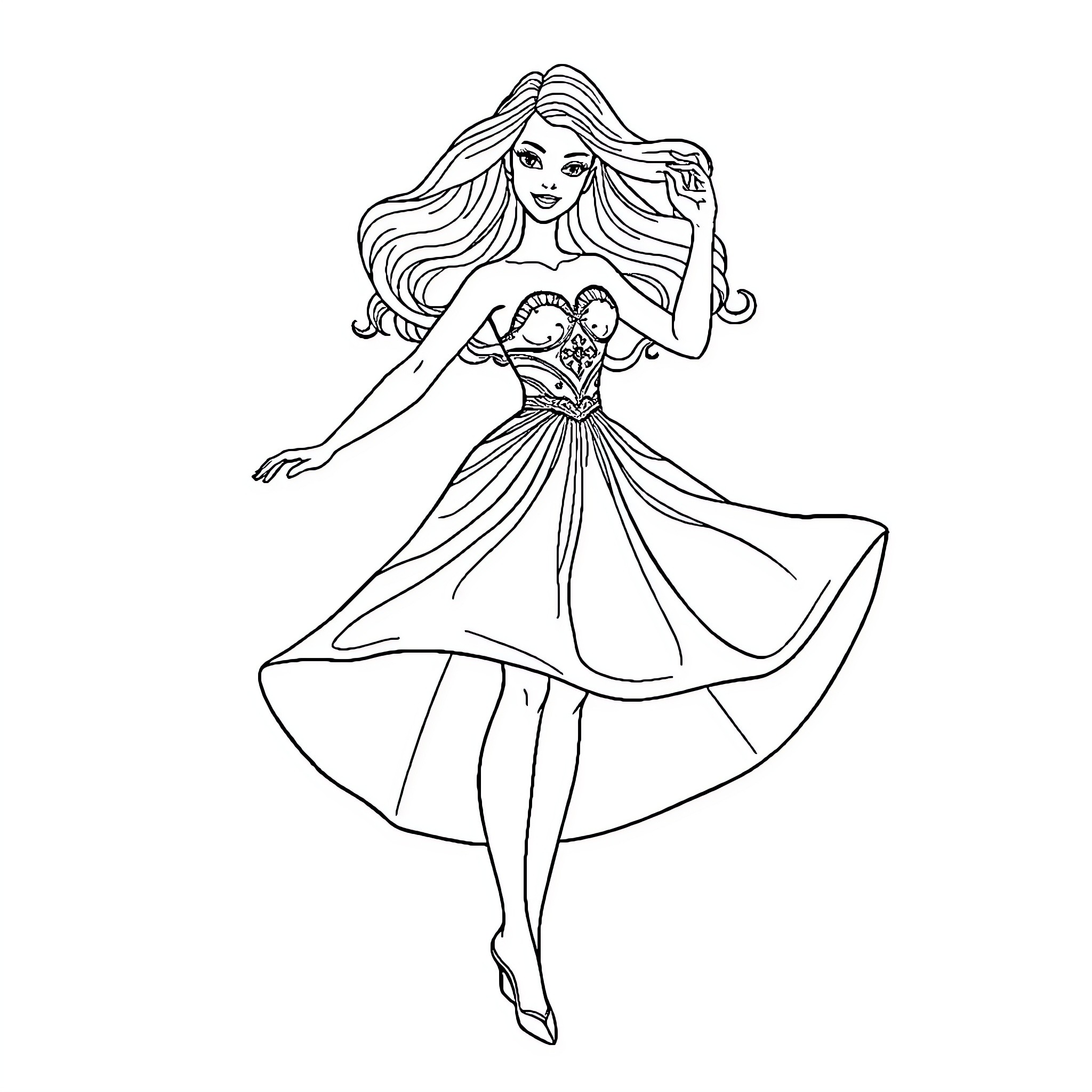 Barbie Dancing Gracefully in Flowing Dress Coloring Page (free black-and-white line drawing printable PDF for all, from beginners to advanced learners, including children, teens, adults, and seniors)