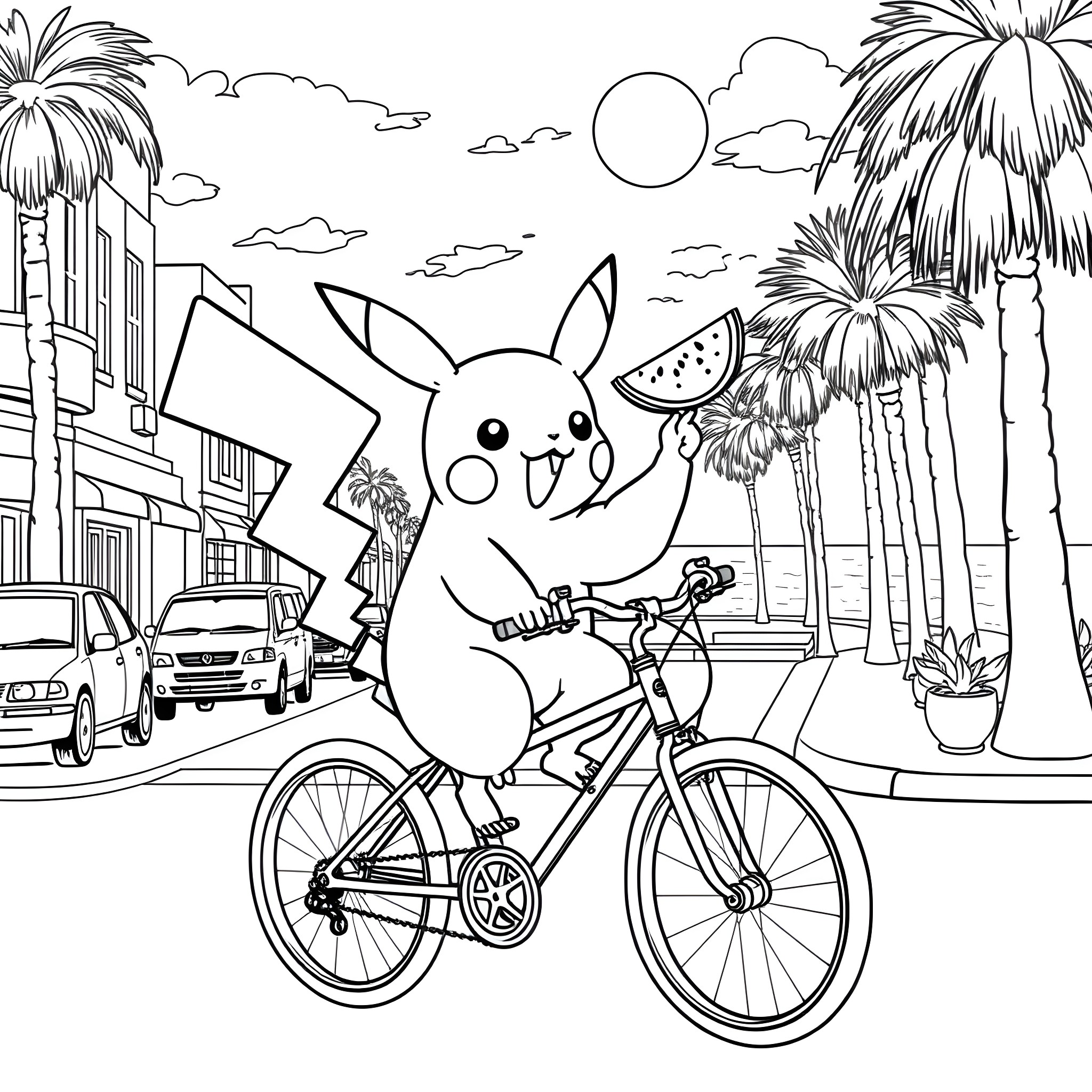 Pikachu enjoying a sunny day ride on a bicycle Coloring Page (free black-and-white line drawing printable PDF for all, from beginners to advanced learners, including children, teens, adults, and seniors)