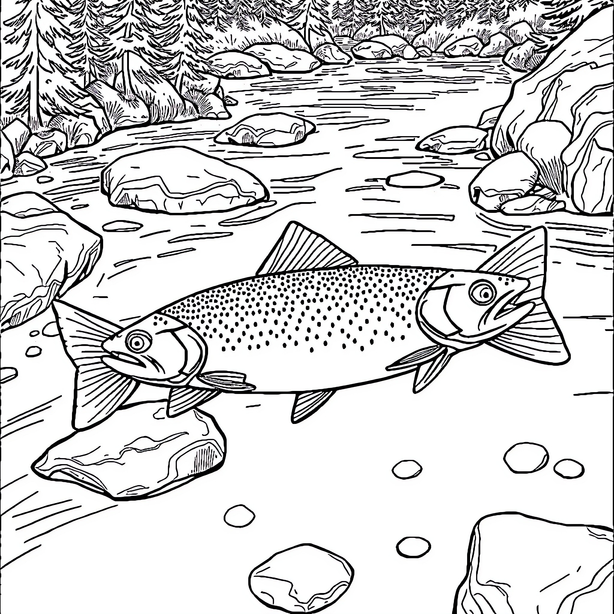Trout swimming in a tranquil river scene Coloring Page (free black-and-white line drawing printable PDF for all, from beginners to advanced learners, including children, teens, adults, and seniors)