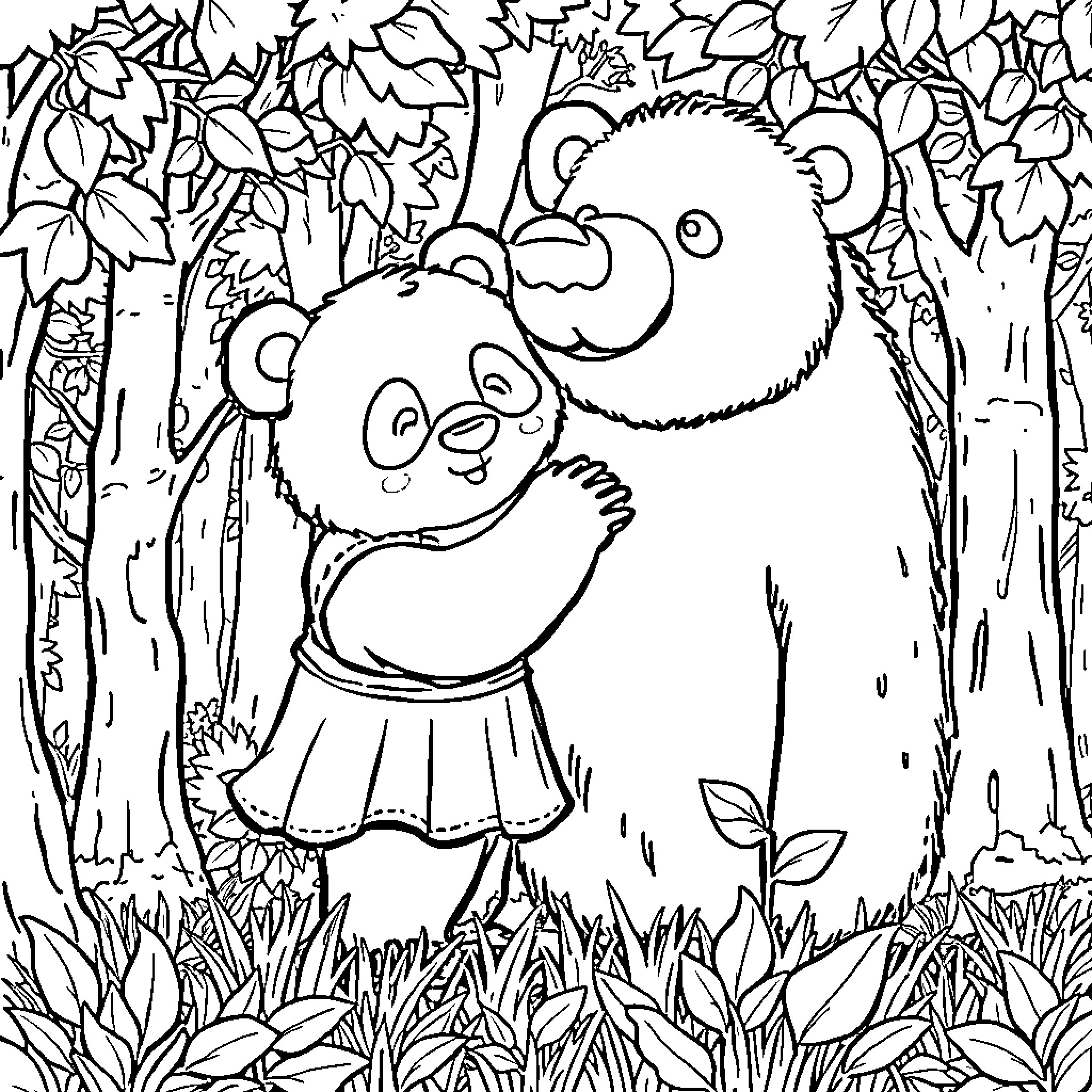 Panda Family Exploring the Enchanted Forest Coloring Page (free black-and-white line drawing printable PDF for all, from beginners to advanced learners, including children, teens, adults, and seniors)