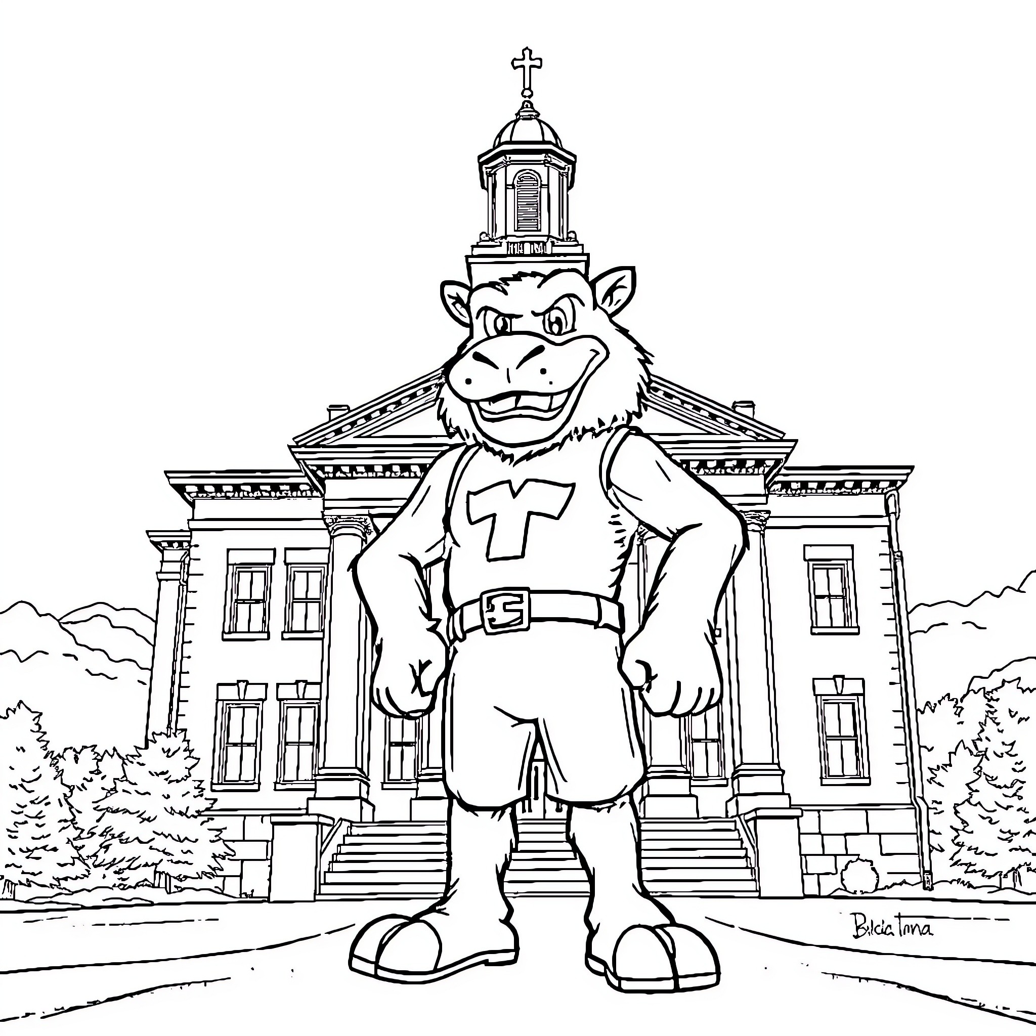 Big Blue Bulldog Stands Guard at Courthouse Coloring Page (free black-and-white line drawing printable PDF for all, from beginners to advanced learners, including children, teens, adults, and seniors)