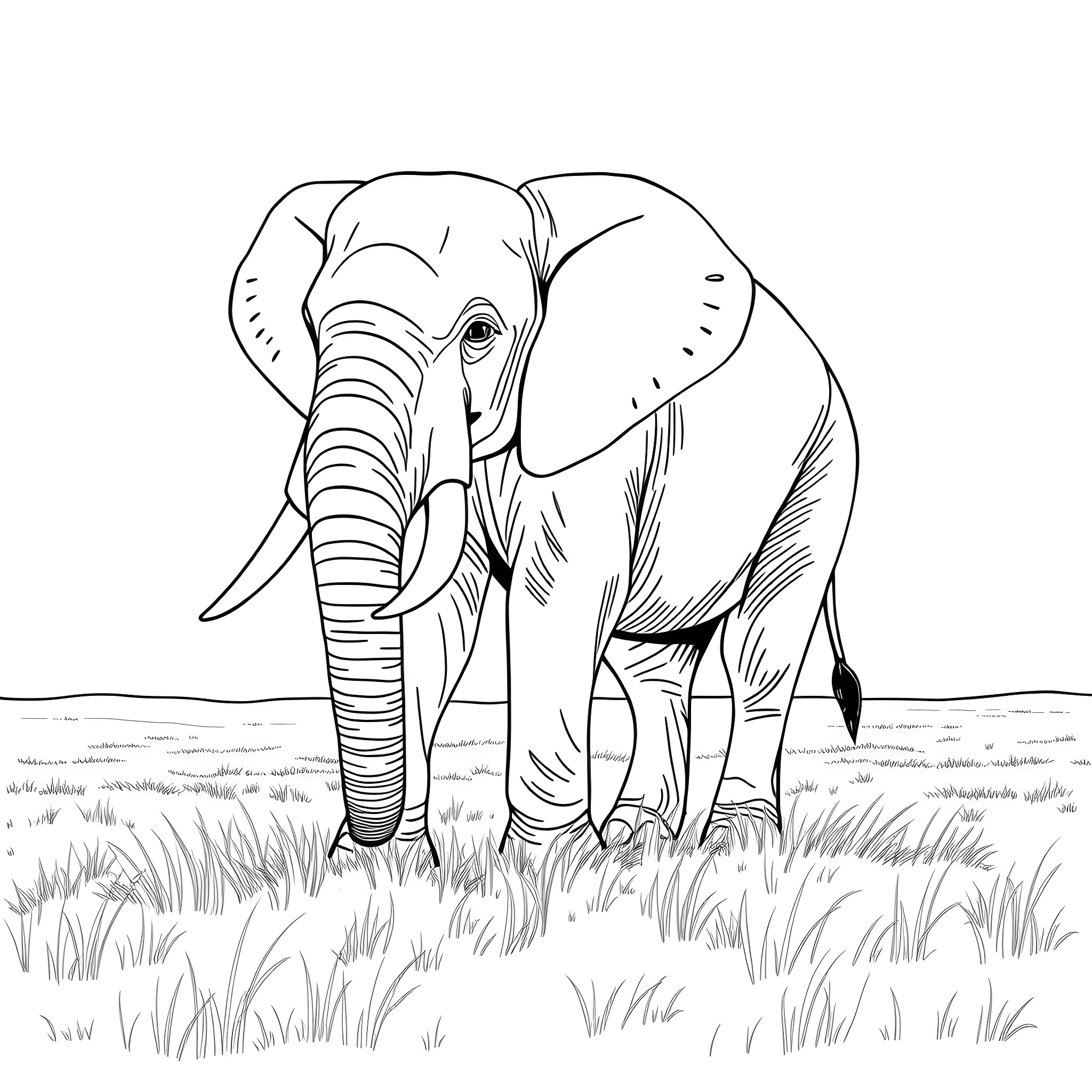 Elephant standing majestically in the wild Coloring Page (free black-and-white line drawing printable PDF for all, from beginners to advanced learners, including children, teens, adults, and seniors)