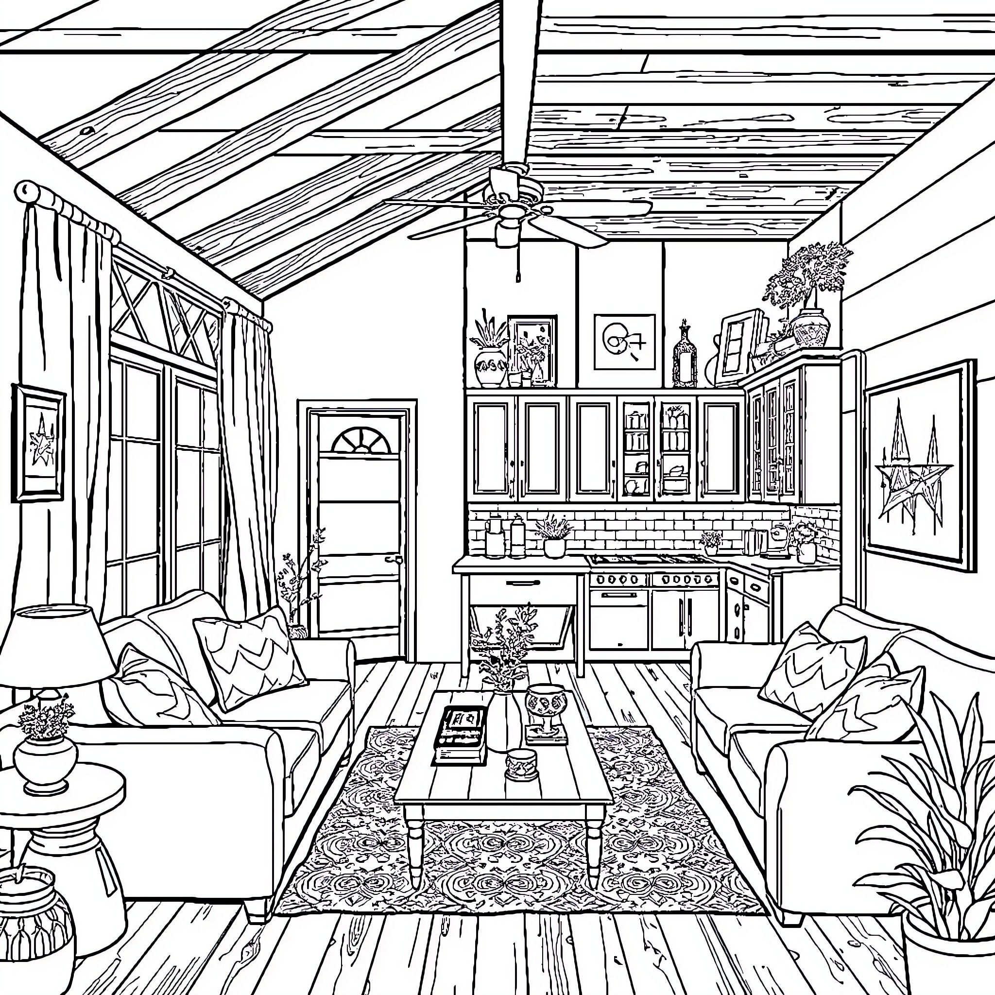 Home with cozy living room and interior design Coloring Page (free black-and-white line drawing printable PDF for all, from beginners to advanced learners, including children, teens, adults, and seniors)