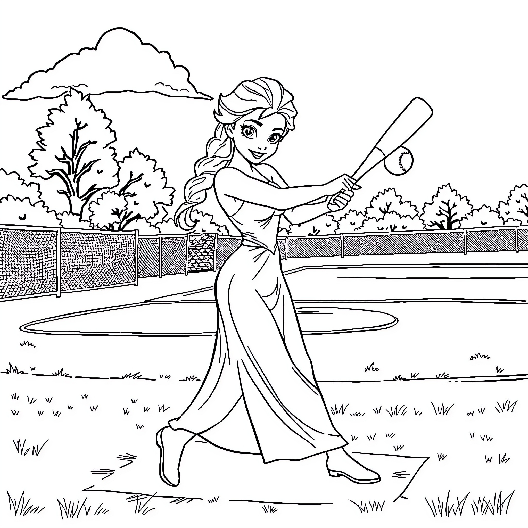 Elsa playing baseball in a scenic outdoor setting Coloring Page (free black-and-white line drawing printable PDF for all, from beginners to advanced learners, including children, teens, adults, and seniors)