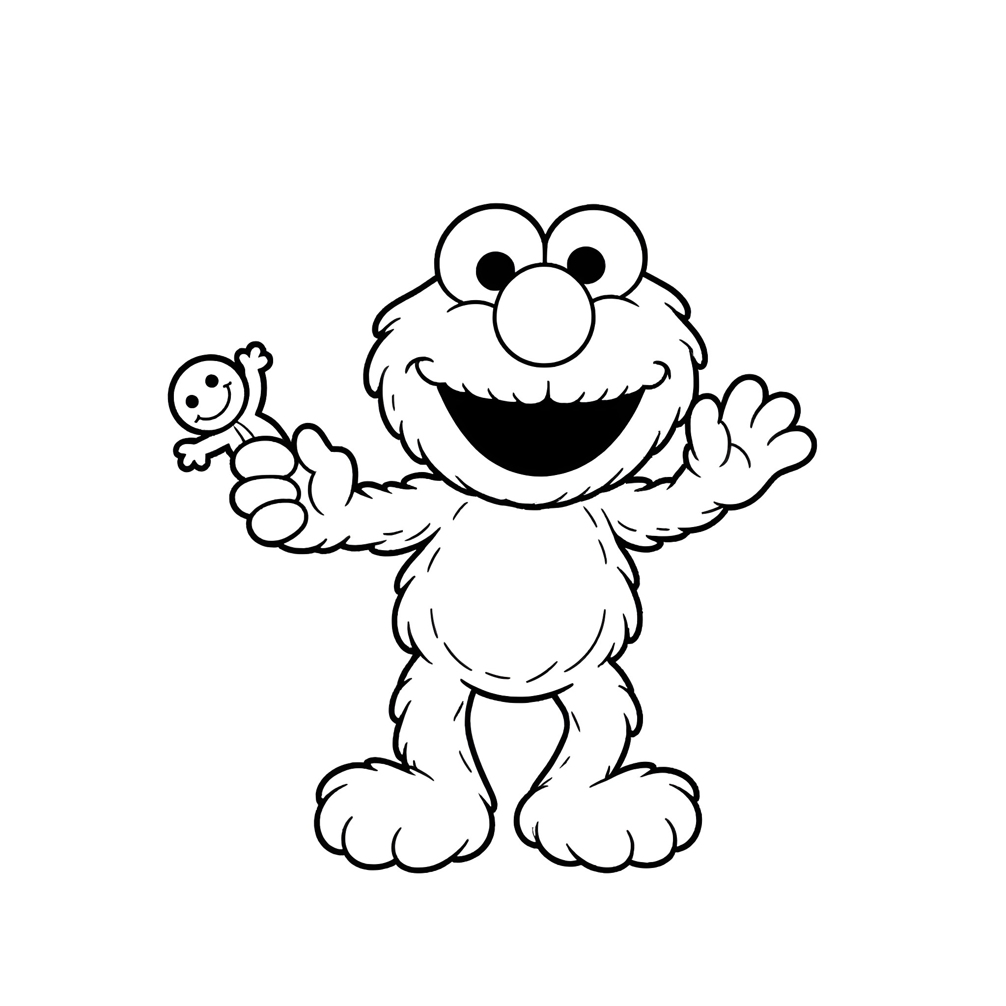 Elmo happily holding a toy Coloring Page (free black-and-white line drawing printable PDF for all, from beginners to advanced learners, including children, teens, adults, and seniors)