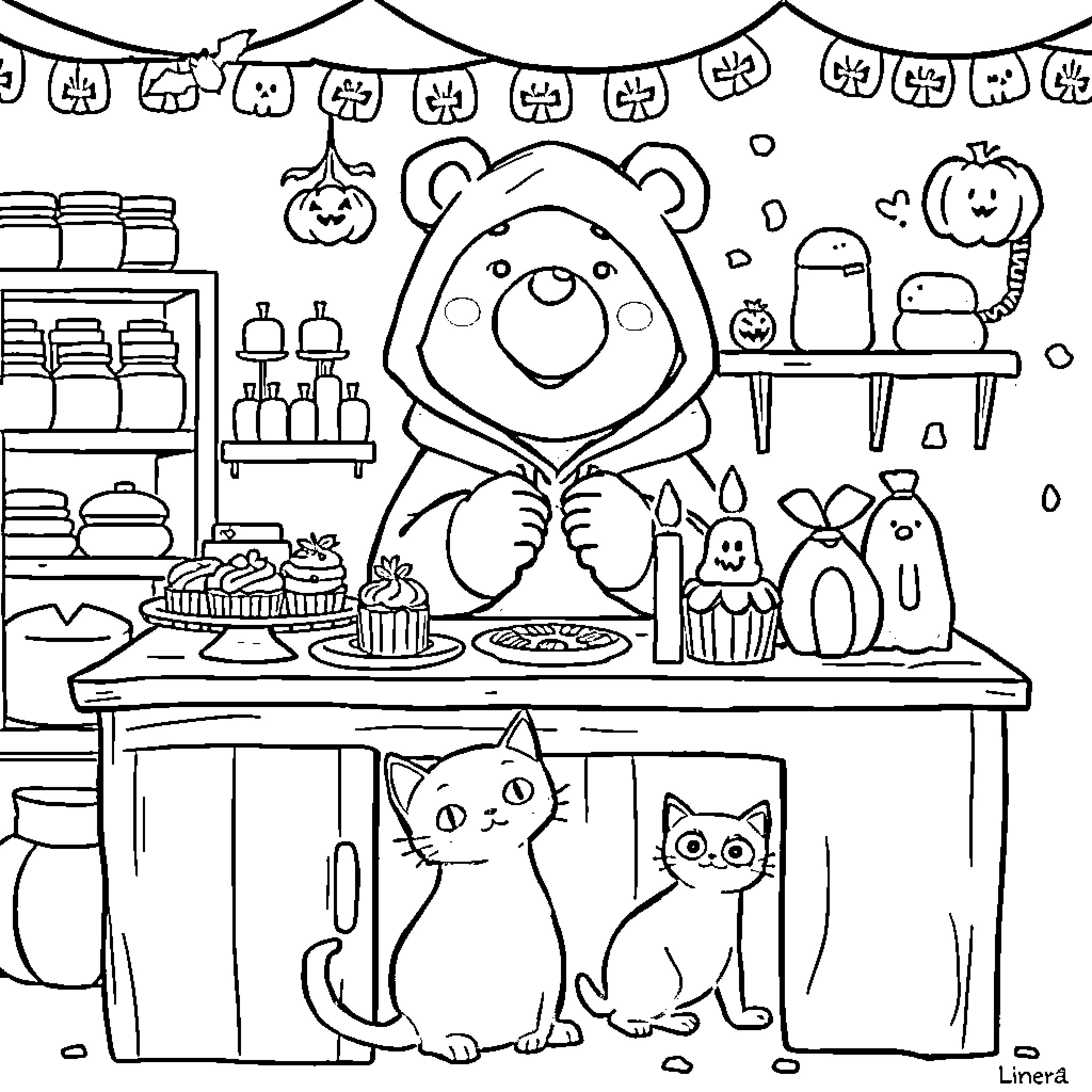 Bear Baking Treats with Cute Pets in the Kitchen Coloring Page (free black-and-white line drawing printable PDF for all, from beginners to advanced learners, including children, teens, adults, and seniors)