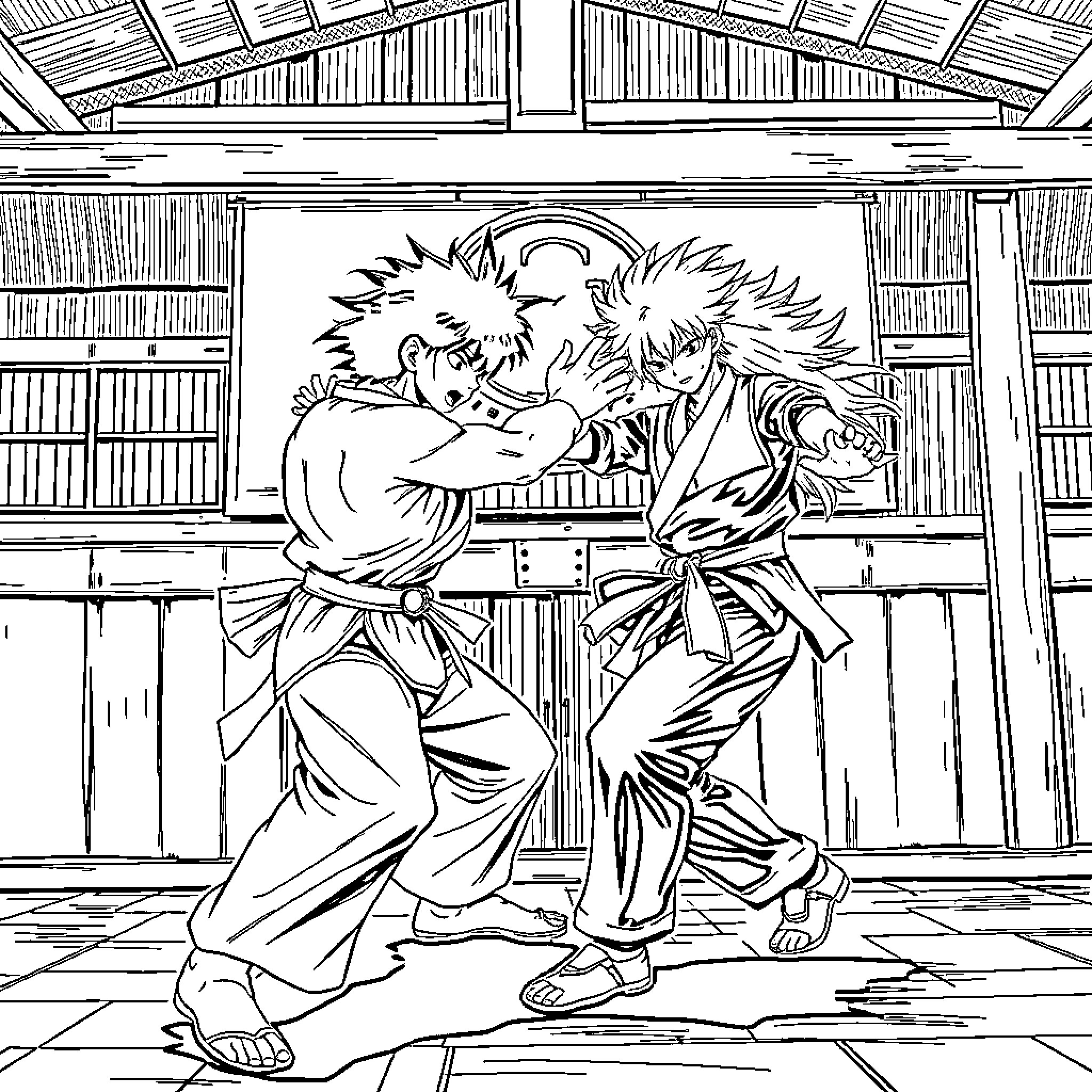 Ranma Engaged in Intense Martial Arts Battle Coloring Page (free black-and-white line drawing printable PDF for all, from beginners to advanced learners, including children, teens, adults, and seniors)