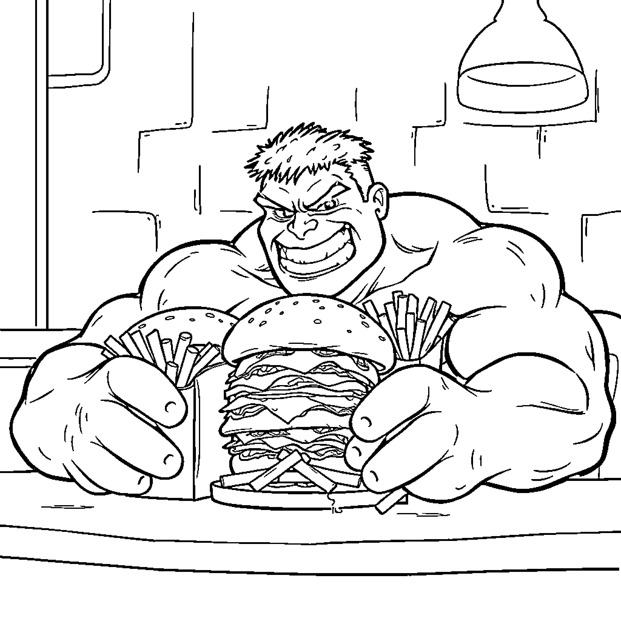 Hulk Enjoys a Hearty Burger in the Kitchen Coloring Page (free black-and-white line drawing printable PDF for all, from beginners to advanced learners, including children, teens, adults, and seniors)