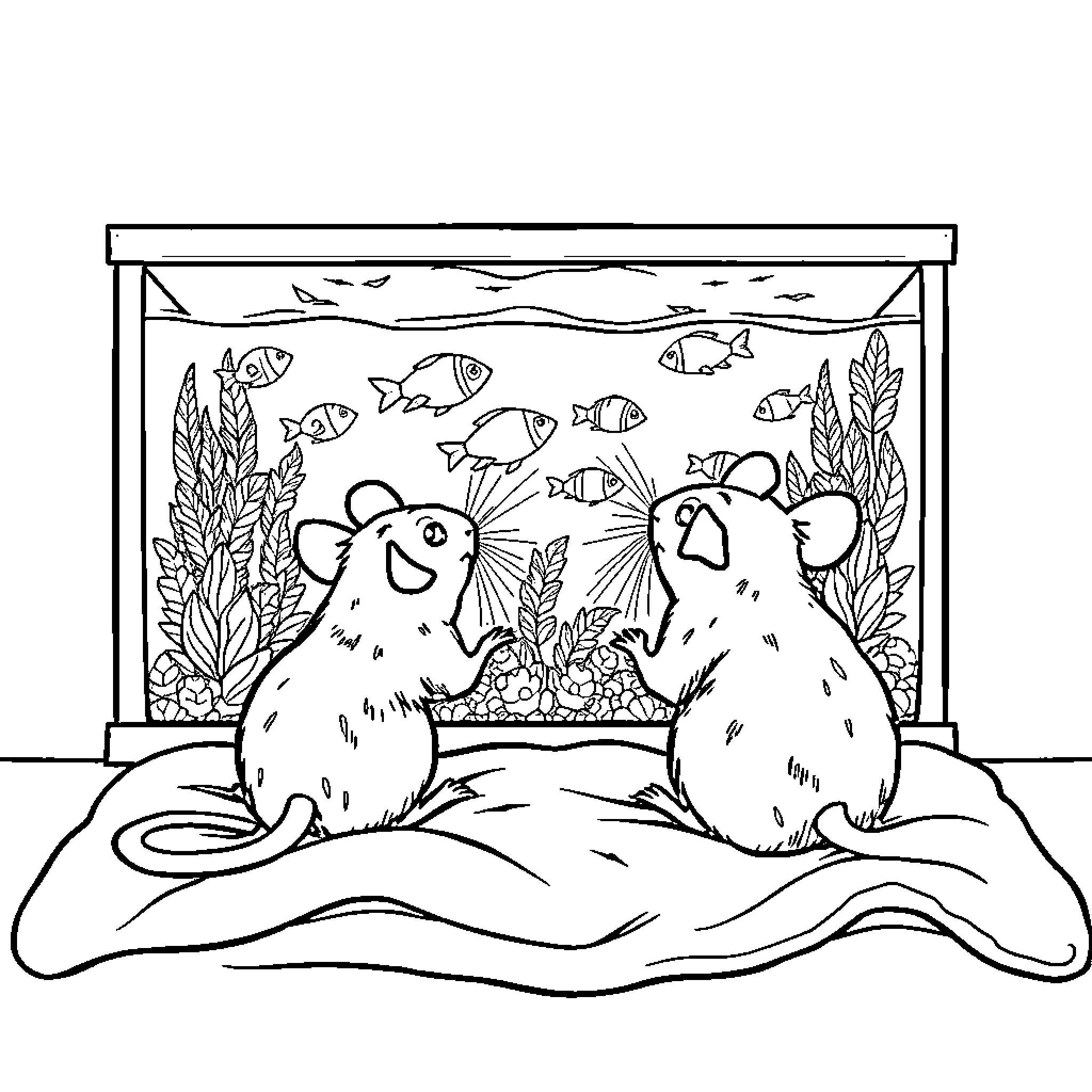 Rats admiring aquarium of colorful fish Coloring Page (free black-and-white line drawing printable PDF for all, from beginners to advanced learners, including children, teens, adults, and seniors)