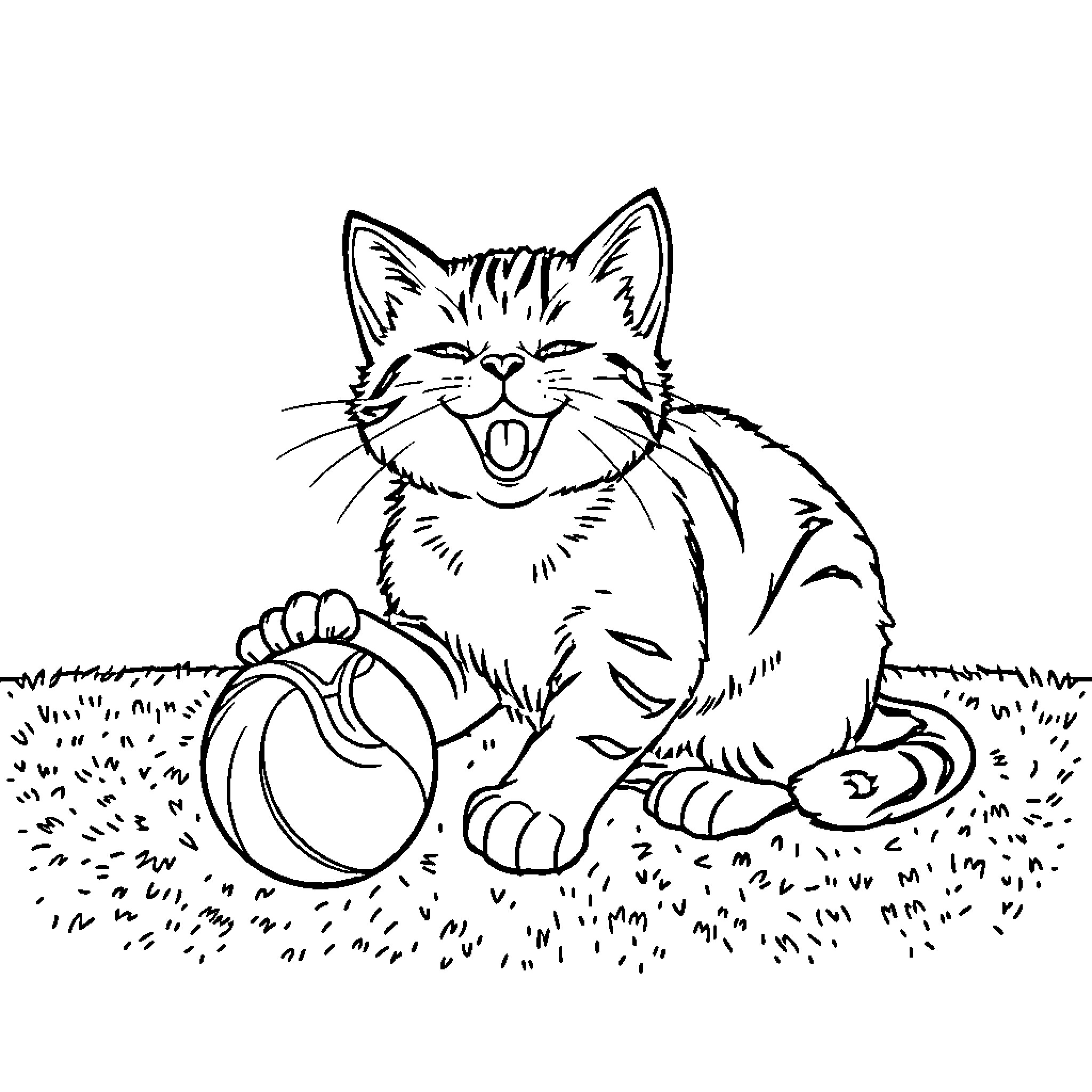 Cat chasing playfully with ball on grass Coloring Page (free black-and-white line drawing printable PDF for all, from beginners to advanced learners, including children, teens, adults, and seniors)