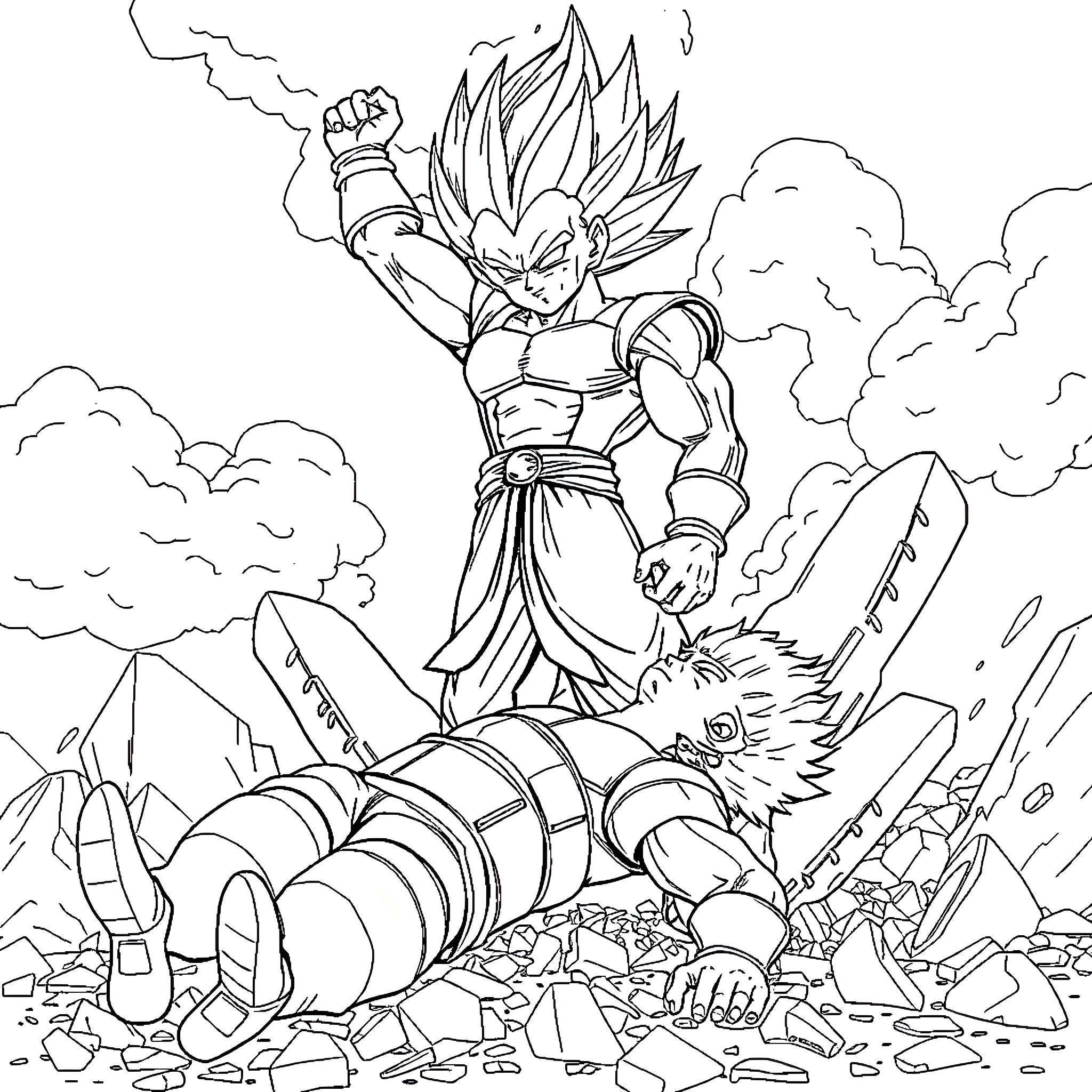 Vegeta unleashing powerful energy attack in epic battle Coloring Page (free black-and-white line drawing printable PDF for all, from beginners to advanced learners, including children, teens, adults, and seniors)
