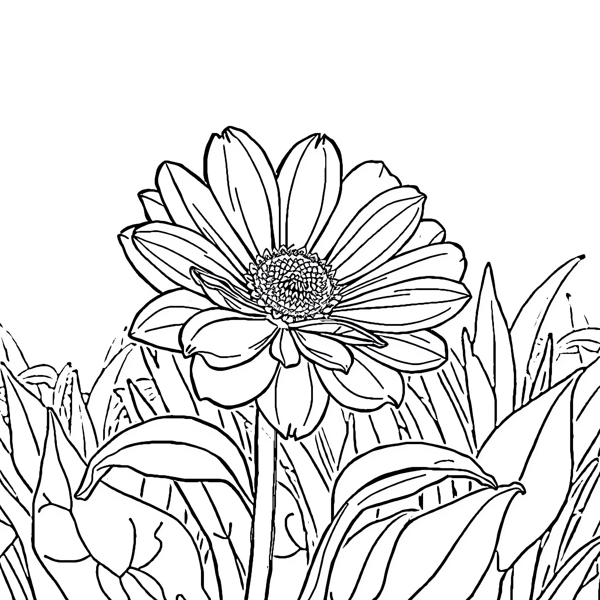 Flower blooming in lush natural setting Coloring Page (free black-and-white line drawing printable PDF for all, from beginners to advanced learners, including children, teens, adults, and seniors)