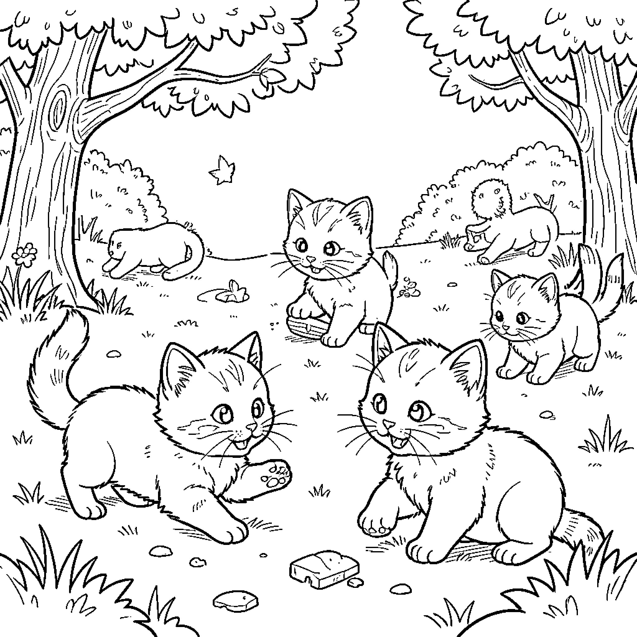 Kitten group playing and exploring in a forest Coloring Page (free black-and-white line drawing printable PDF for all, from beginners to advanced learners, including children, teens, adults, and seniors)