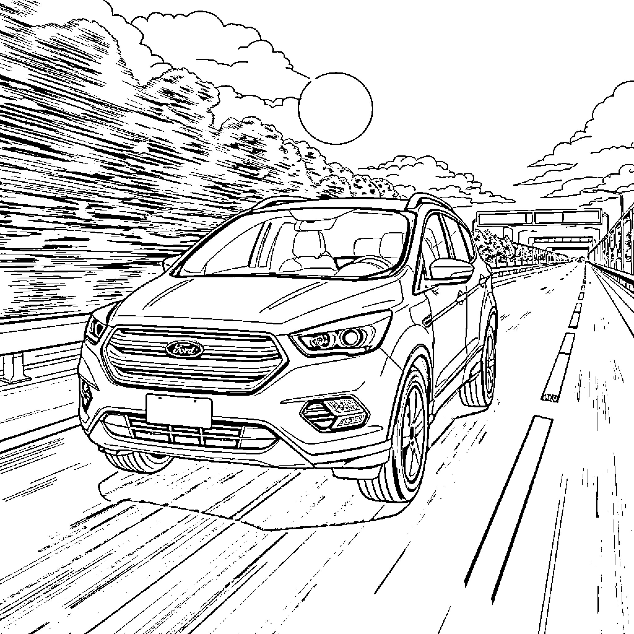 Ford SUV speeding down a highway through the clouds Coloring Page (free black-and-white line drawing printable PDF for all, from beginners to advanced learners, including children, teens, adults, and seniors)