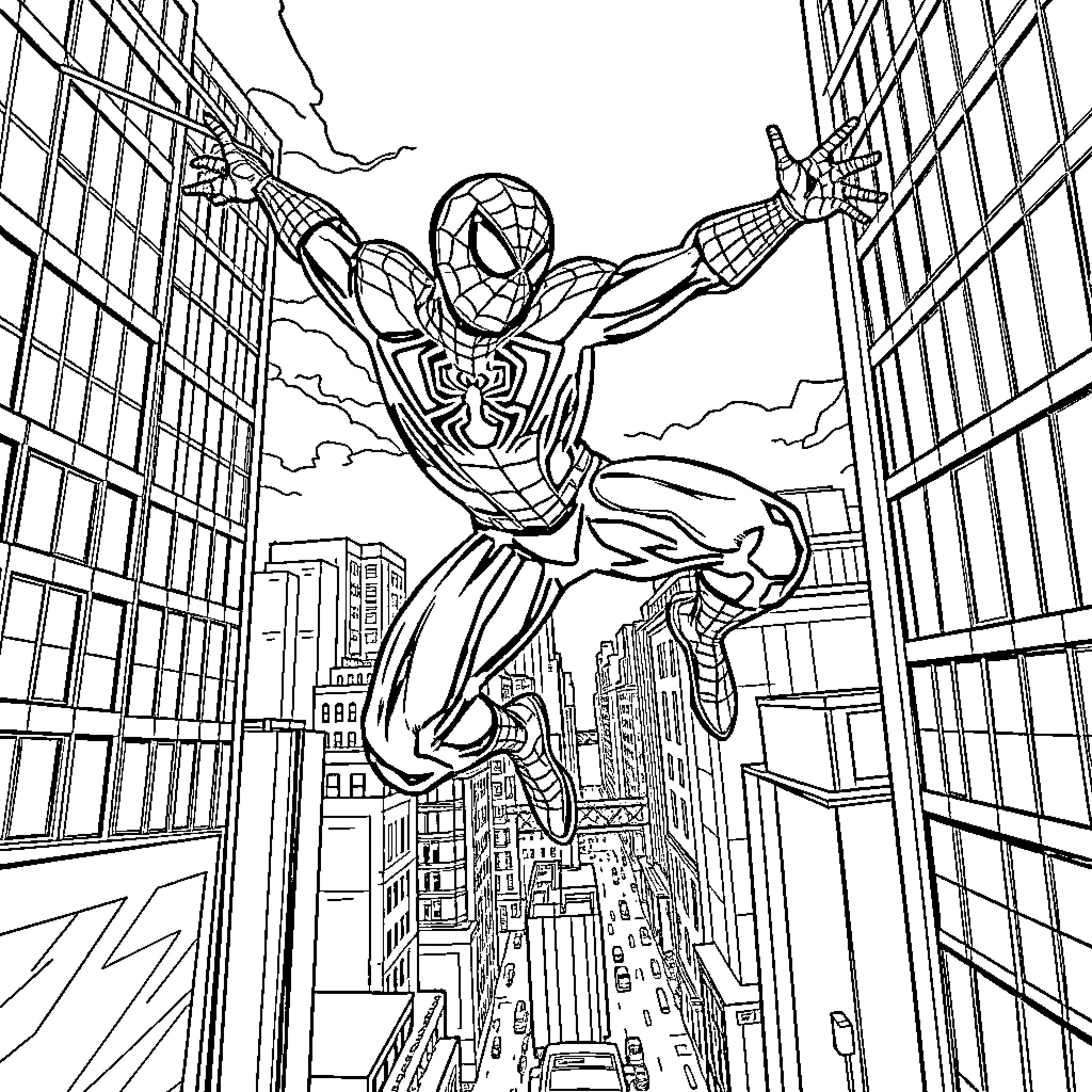 Spiderman swinging through the city skyline Coloring Page (free black-and-white line drawing printable PDF for all, from beginners to advanced learners, including children, teens, adults, and seniors)