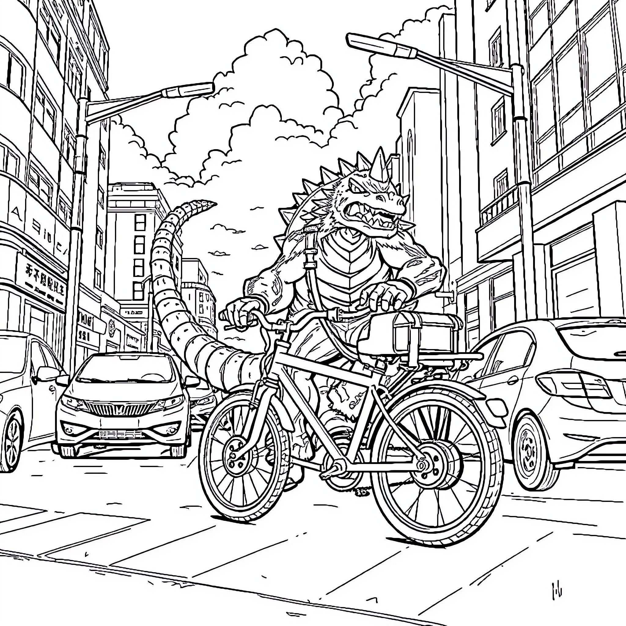 Kaiju Creature Rides Bicycle through Busy City Street Coloring Page (free black-and-white line drawing printable PDF for all, from beginners to advanced learners, including children, teens, adults, and seniors)