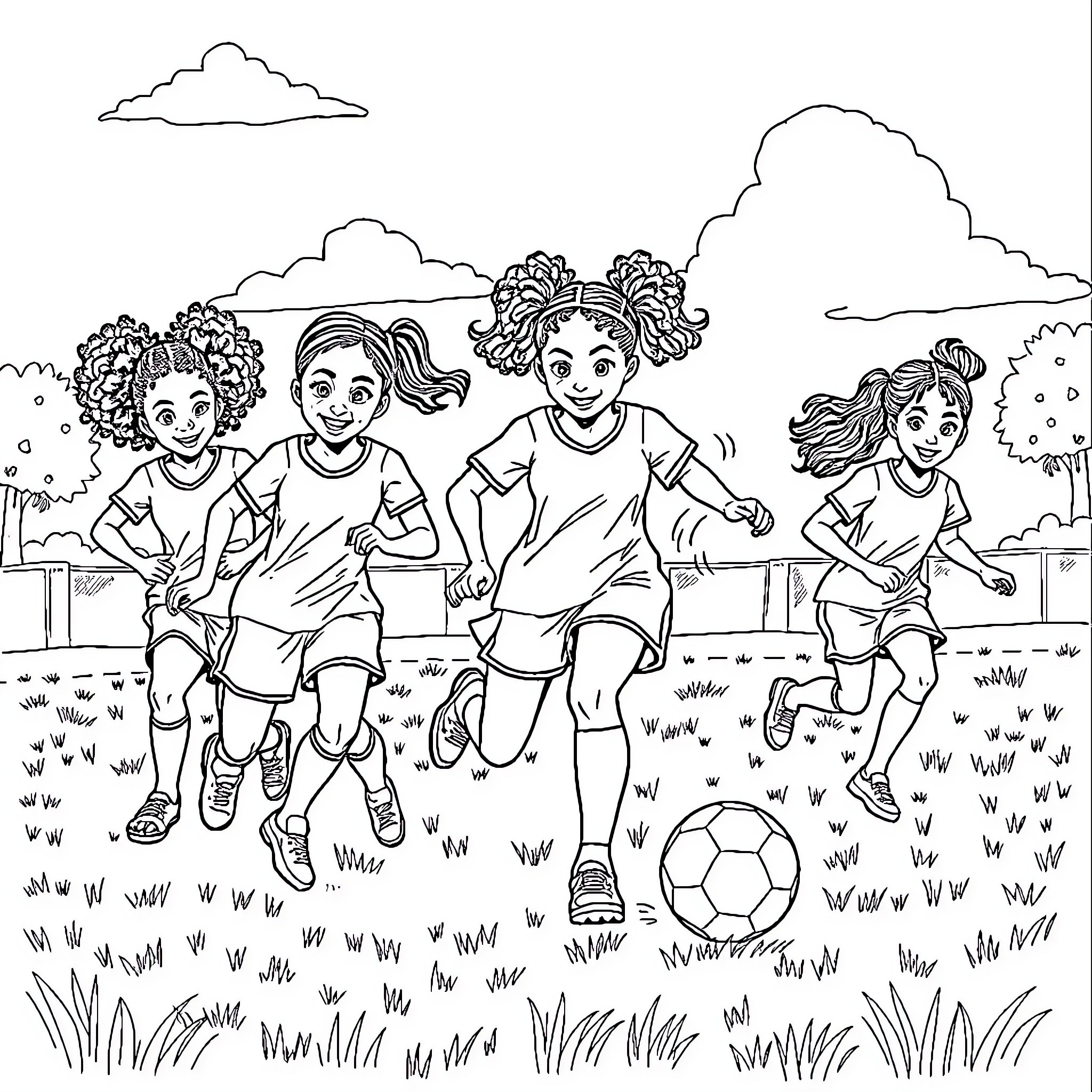 Girl group playing soccer on a grassy field Coloring Page (free black-and-white line drawing printable PDF for all, from beginners to advanced learners, including children, teens, adults, and seniors)