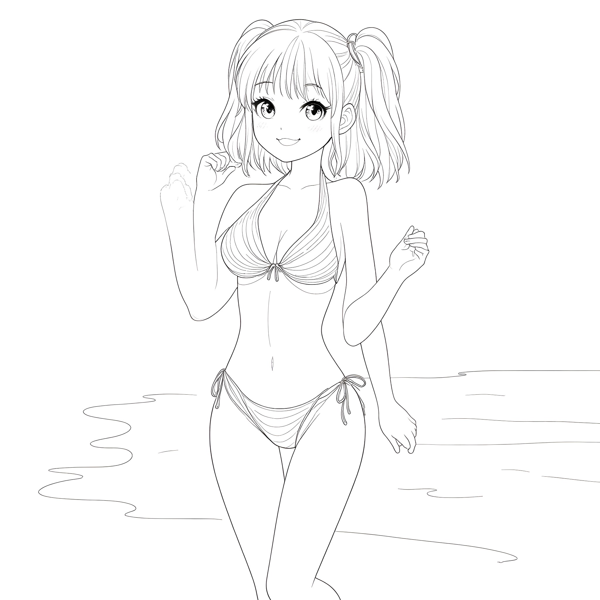 Anime Girl in Bikini Posing Cheerfully Coloring Page (free black-and-white line drawing printable PDF for all, from beginners to advanced learners, including children, teens, adults, and seniors)