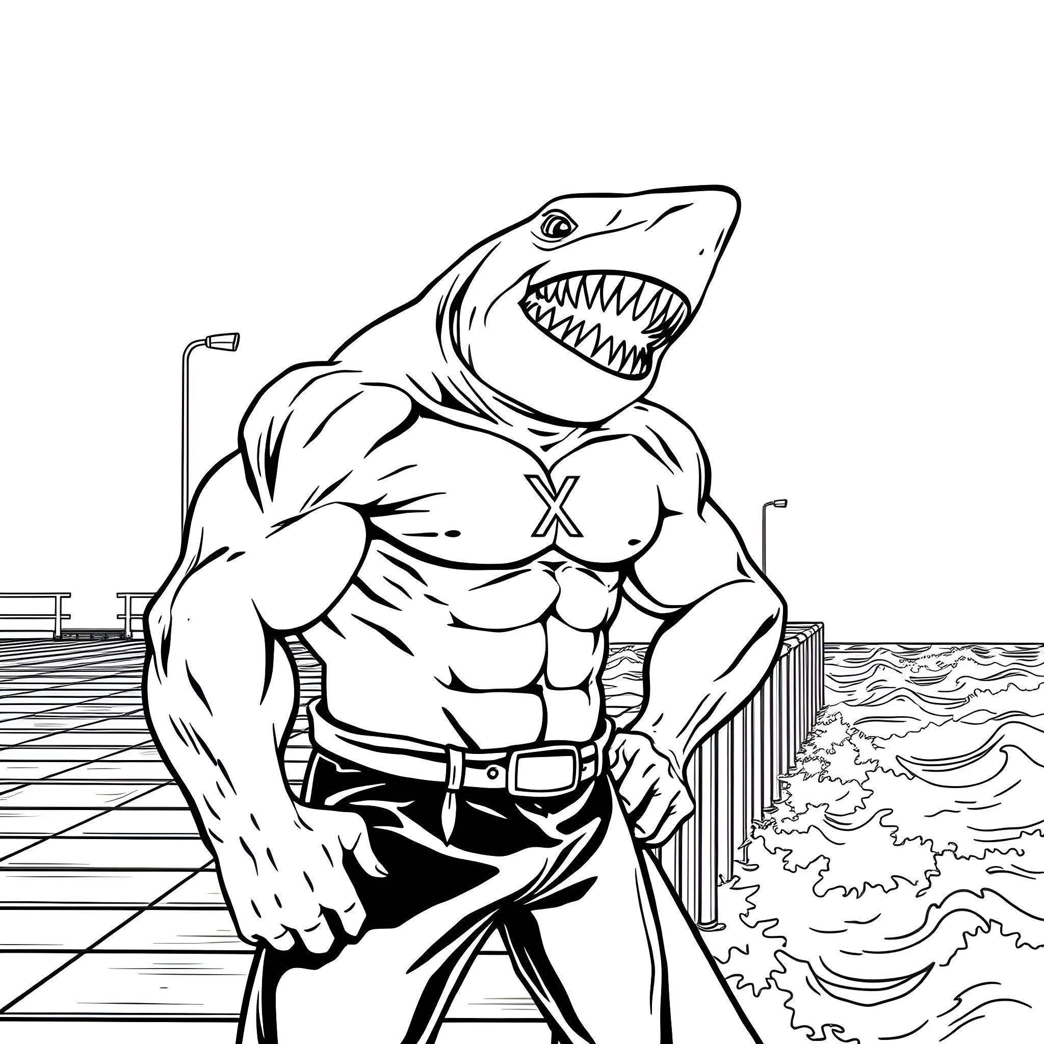 Shark warrior standing tall on a dock Coloring Page (free black-and-white line drawing printable PDF for all, from beginners to advanced learners, including children, teens, adults, and seniors)