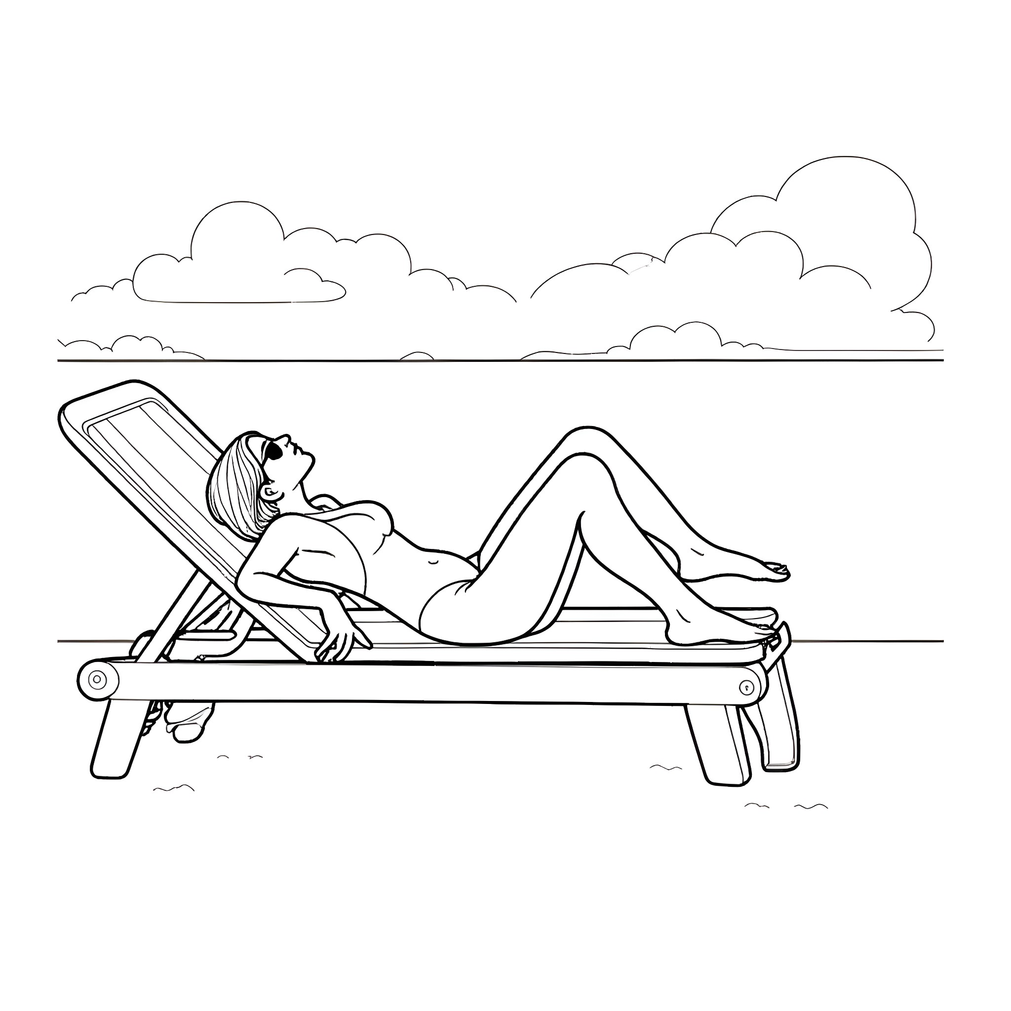 Woman relaxing on a beach chair Coloring Page (free black-and-white line drawing printable PDF for all, from beginners to advanced learners, including children, teens, adults, and seniors)