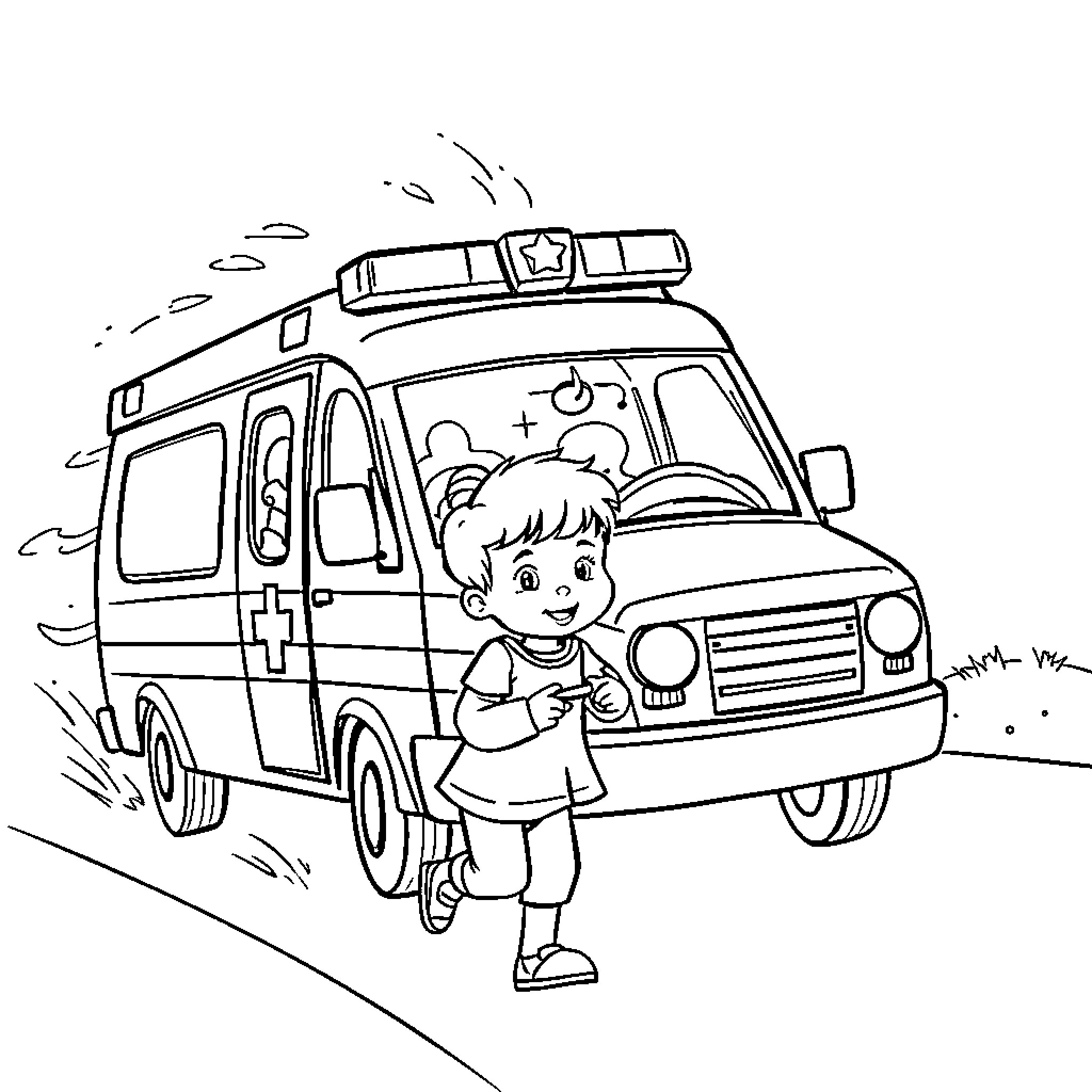 Ambulance rushing to an emergency call Coloring Page (free black-and-white line drawing printable PDF for all, from beginners to advanced learners, including children, teens, adults, and seniors)
