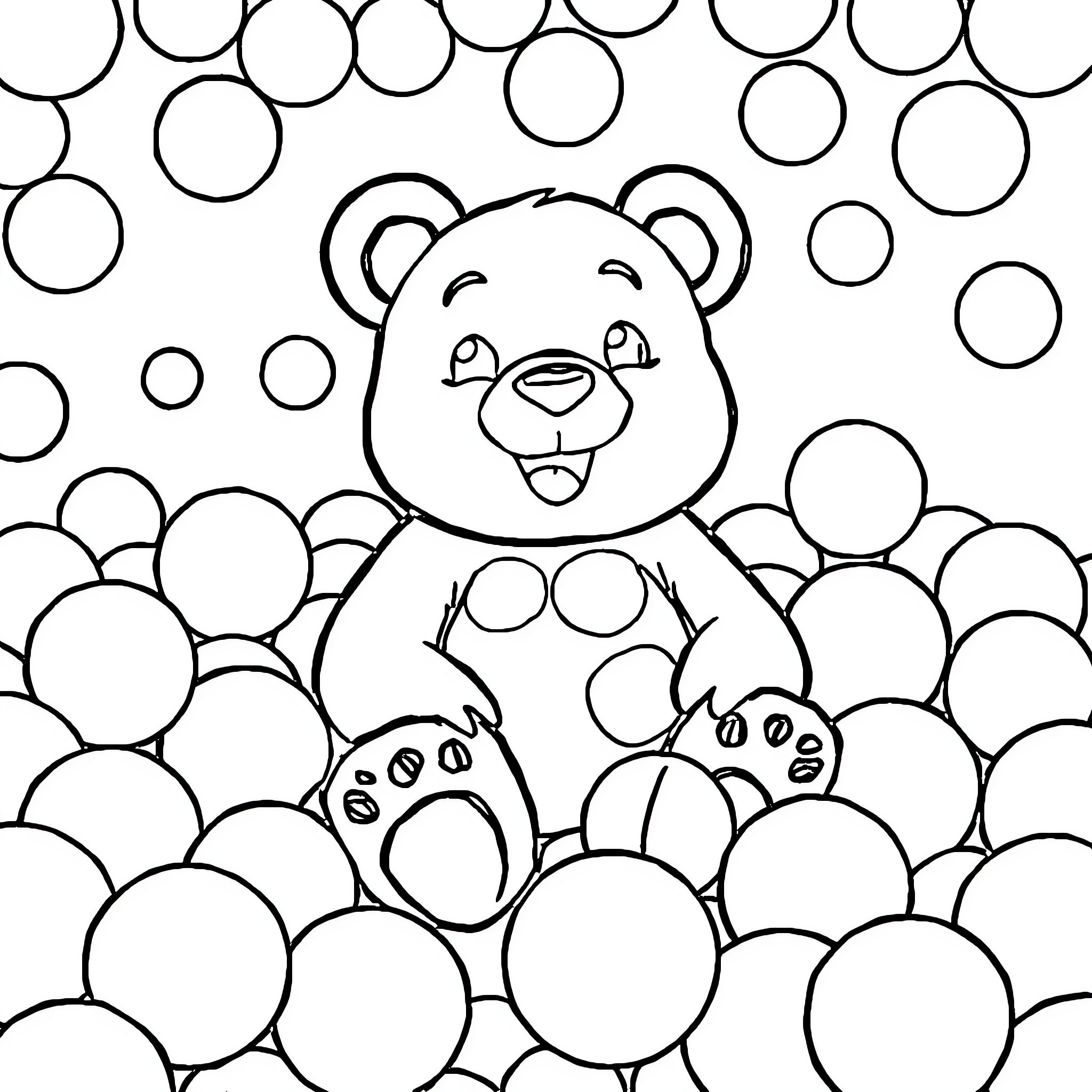 Gummy Bear playing joyfully amidst bubbles Coloring Page (free black-and-white line drawing printable PDF for all, from beginners to advanced learners, including children, teens, adults, and seniors)