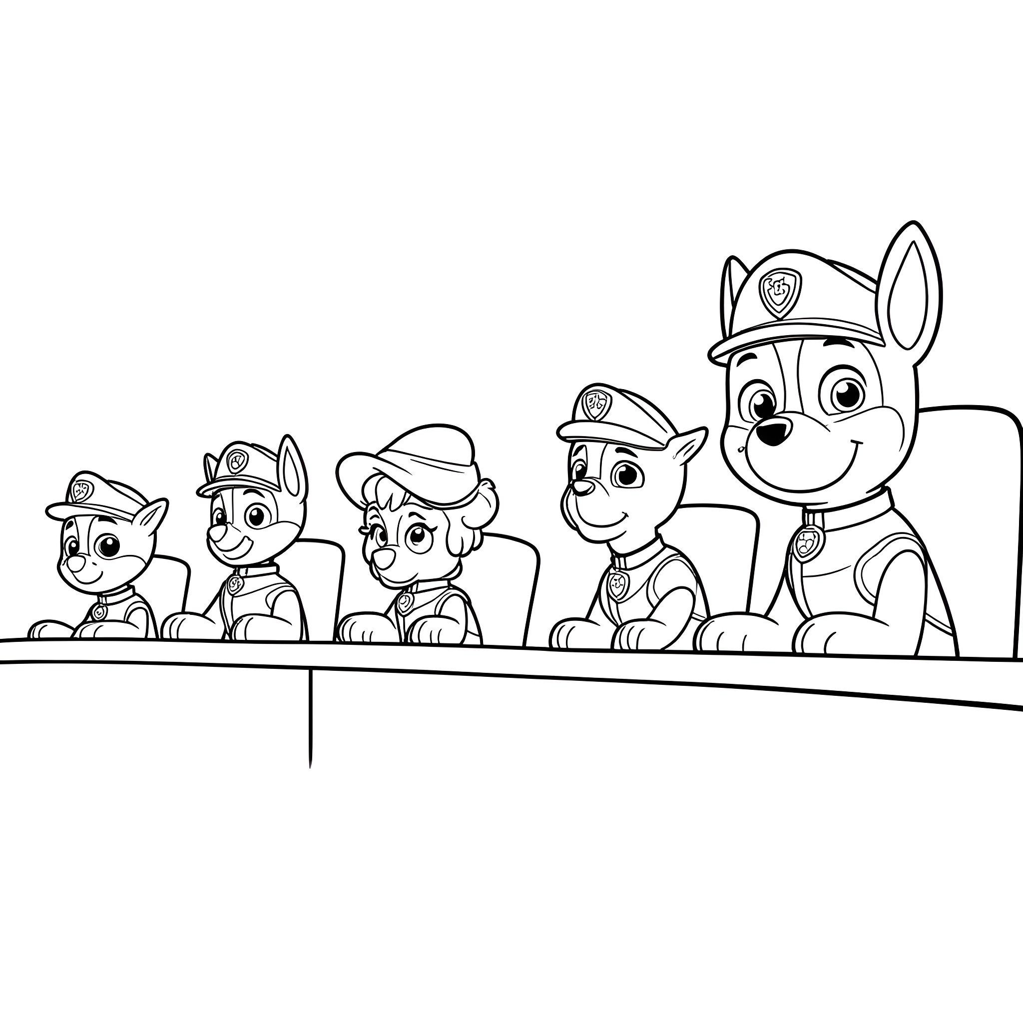 Paw Patrol team ready for action Coloring Page (free black-and-white line drawing printable PDF for all, from beginners to advanced learners, including children, teens, adults, and seniors)