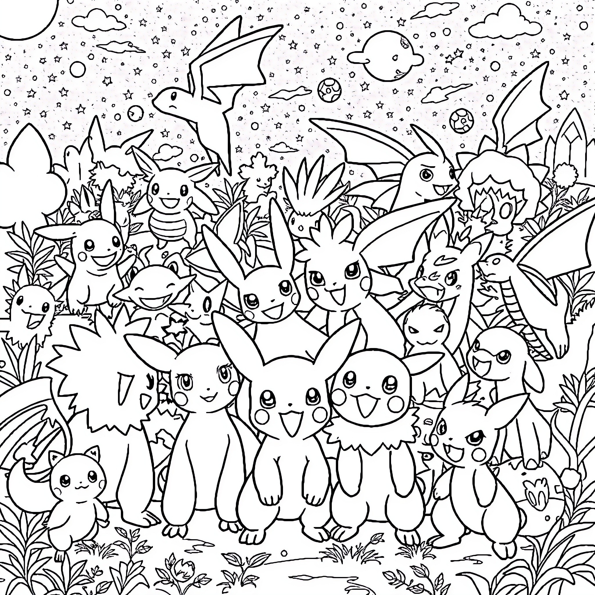 Pokémon Gathering in a Whimsical Landscape Coloring Page (free black-and-white line drawing printable PDF for all, from beginners to advanced learners, including children, teens, adults, and seniors)