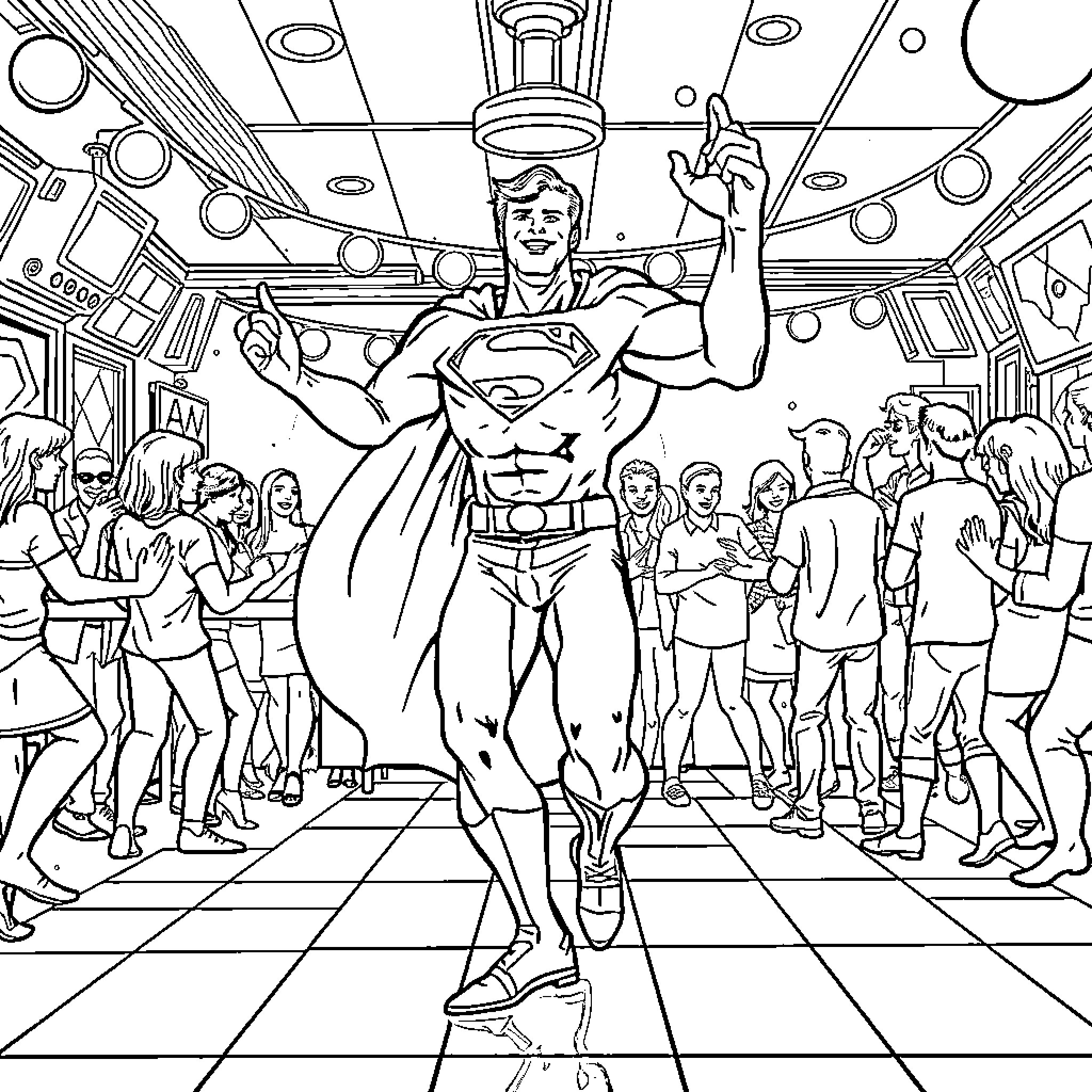 Superman heroically saving the day in a crowded scene Coloring Page (free black-and-white line drawing printable PDF for all, from beginners to advanced learners, including children, teens, adults, and seniors)