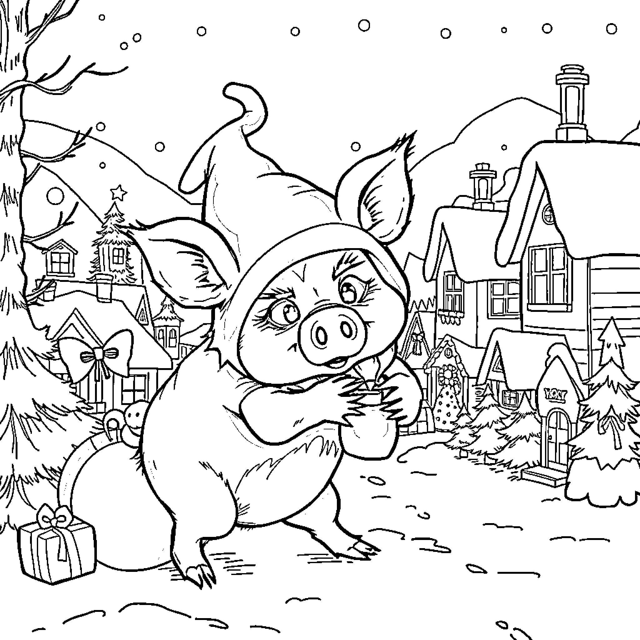 Pig playing in a snowy winter scene Coloring Page (free black-and-white line drawing printable PDF for all, from beginners to advanced learners, including children, teens, adults, and seniors)