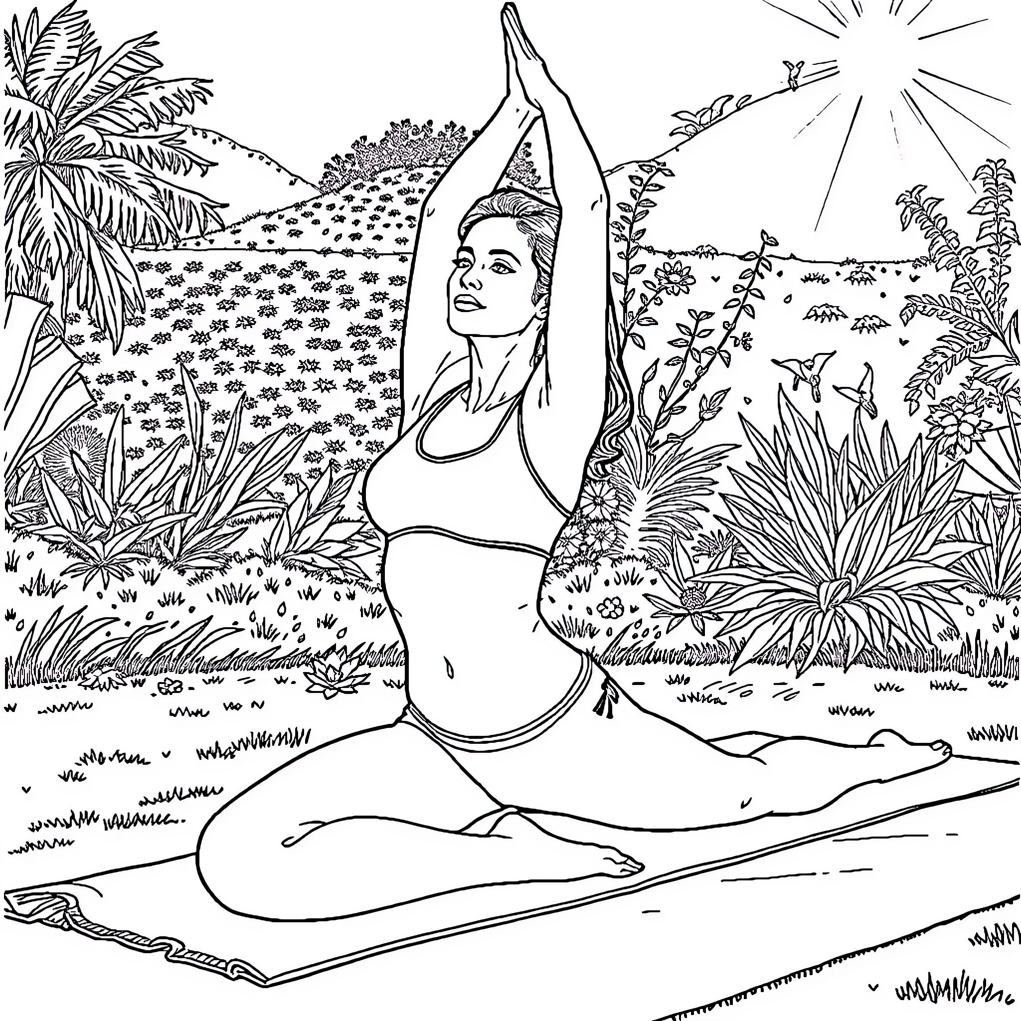 Kaley Cuoco practicing yoga in a tranquil outdoor setting Coloring Page (free black-and-white line drawing printable PDF for all, from beginners to advanced learners, including children, teens, adults, and seniors)