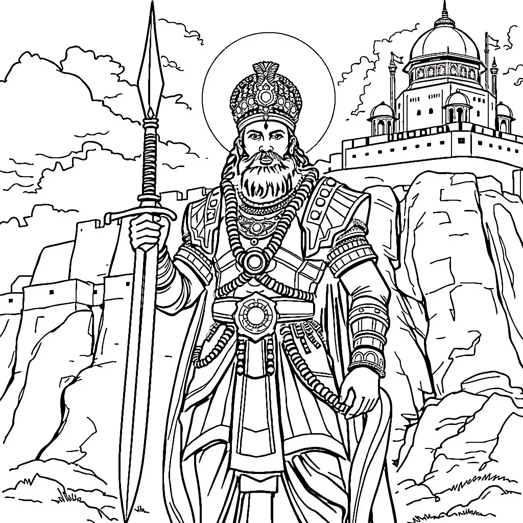 Chhatrapati Shivaji Maharaj standing victoriously with sword and fortress Coloring Page (free black-and-white line drawing printable PDF for all, from beginners to advanced learners, including children, teens, adults, and seniors)