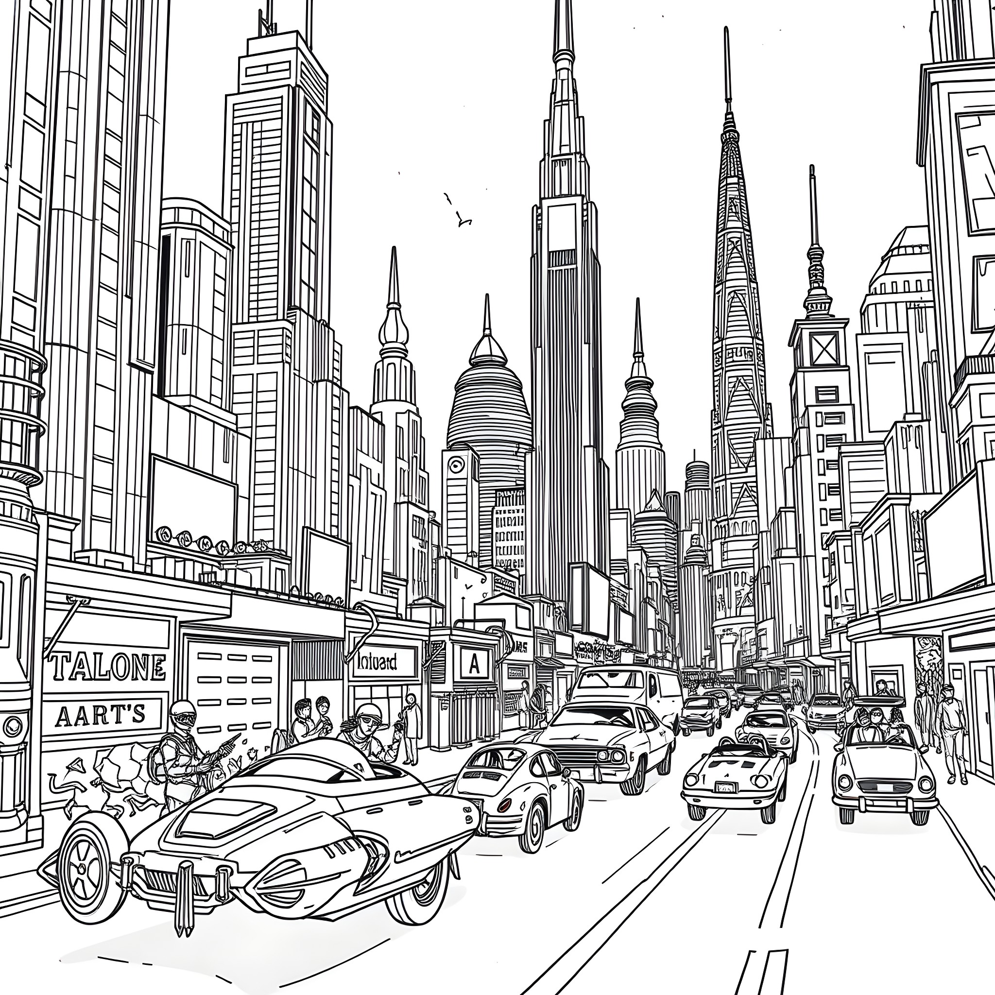 Martian Metropolis: Futuristic Cityscapes and Bustling Streets Coloring Page (free black-and-white line drawing printable PDF for all, from beginners to advanced learners, including children, teens, adults, and seniors)
