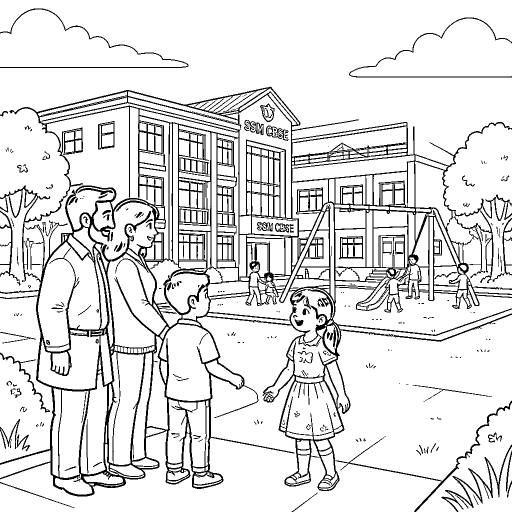 Family walking together towards a school building Coloring Page (free black-and-white line drawing printable PDF for all, from beginners to advanced learners, including children, teens, adults, and seniors)