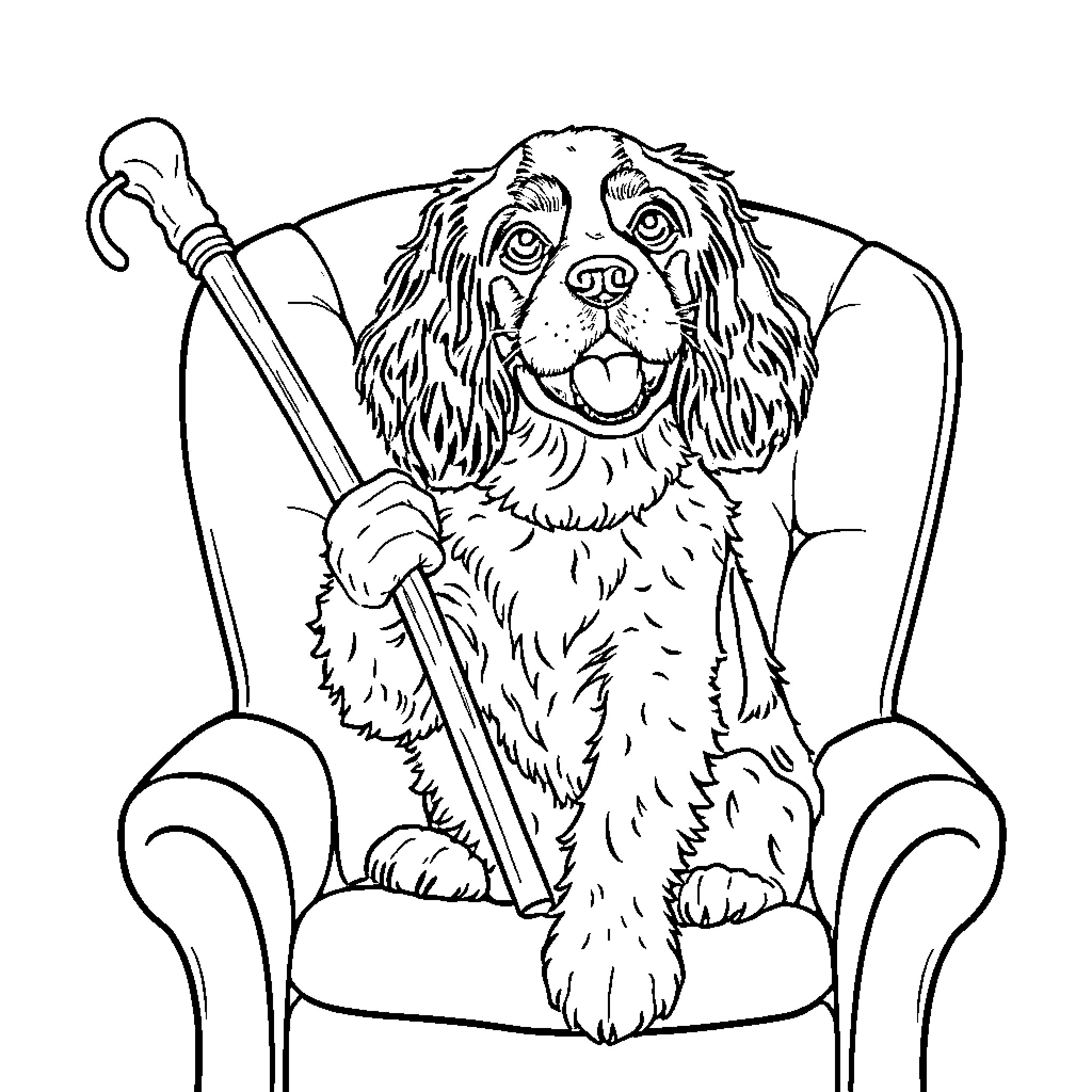 King Charles Spaniel Relaxing in Armchair Coloring Page (free black-and-white line drawing printable PDF for all, from beginners to advanced learners, including children, teens, adults, and seniors)