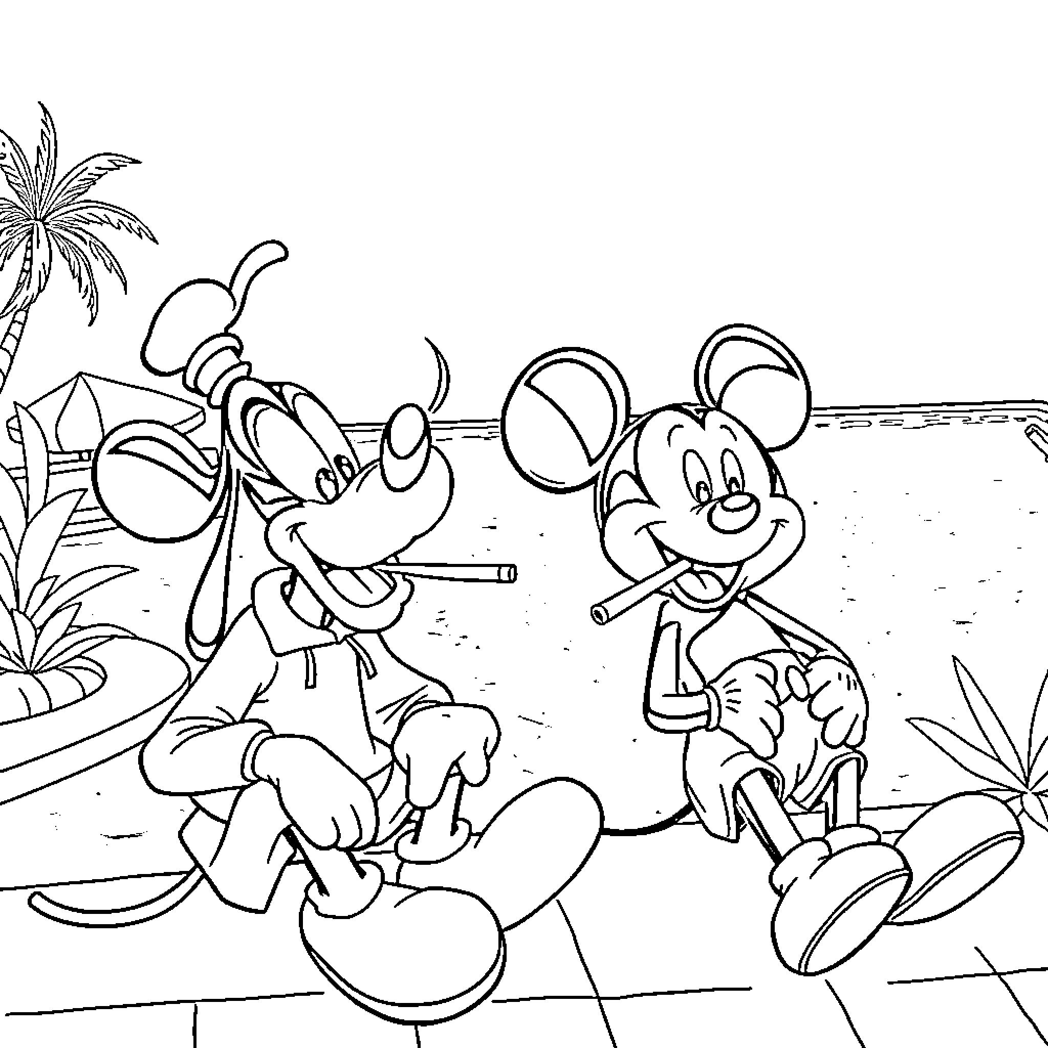 Mickey Mouse and Goofy playing on the beach Coloring Page (free black-and-white line drawing printable PDF for all, from beginners to advanced learners, including children, teens, adults, and seniors)