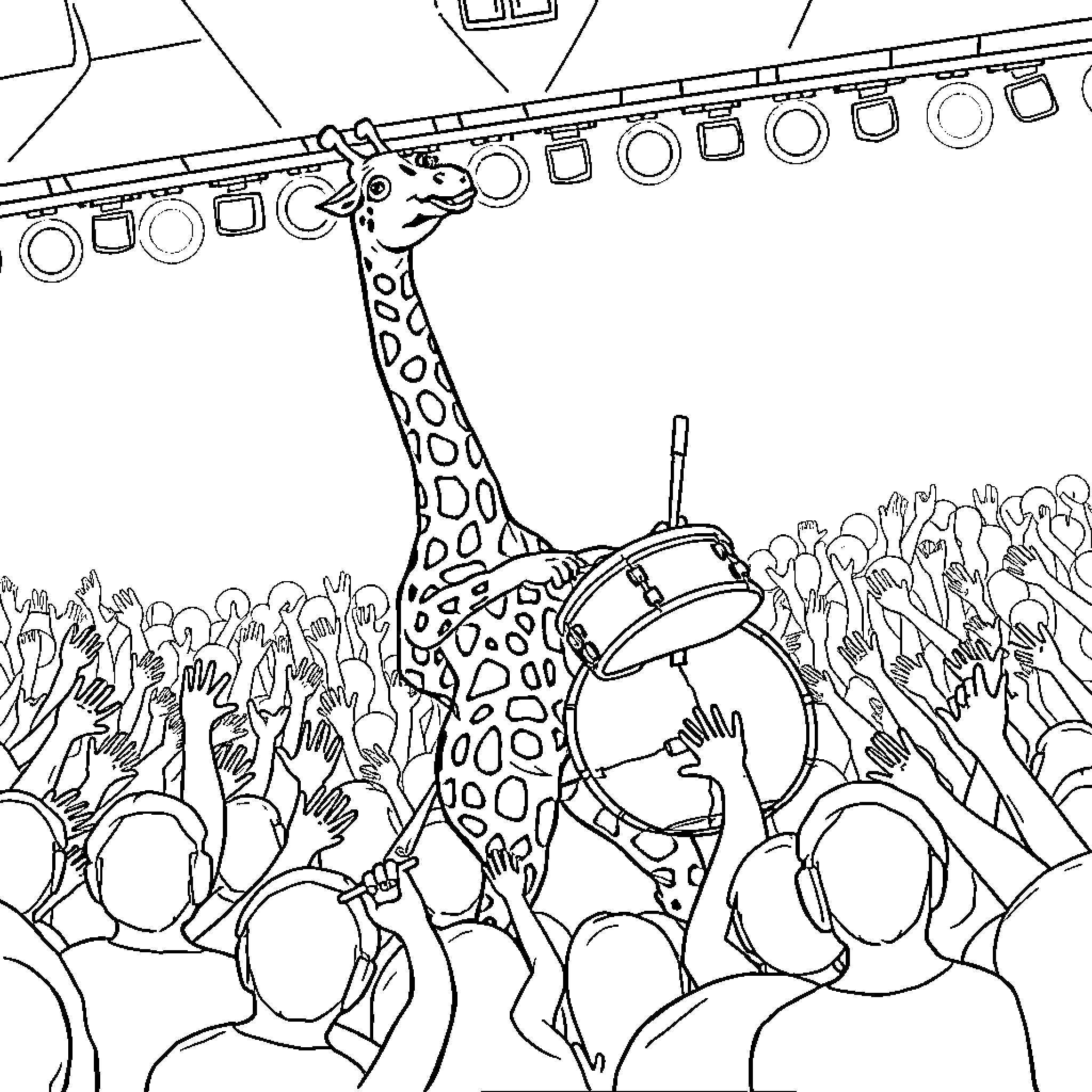 Giraffe musician performing for enthusiastic crowd Coloring Page (free black-and-white line drawing printable PDF for all, from beginners to advanced learners, including children, teens, adults, and seniors)