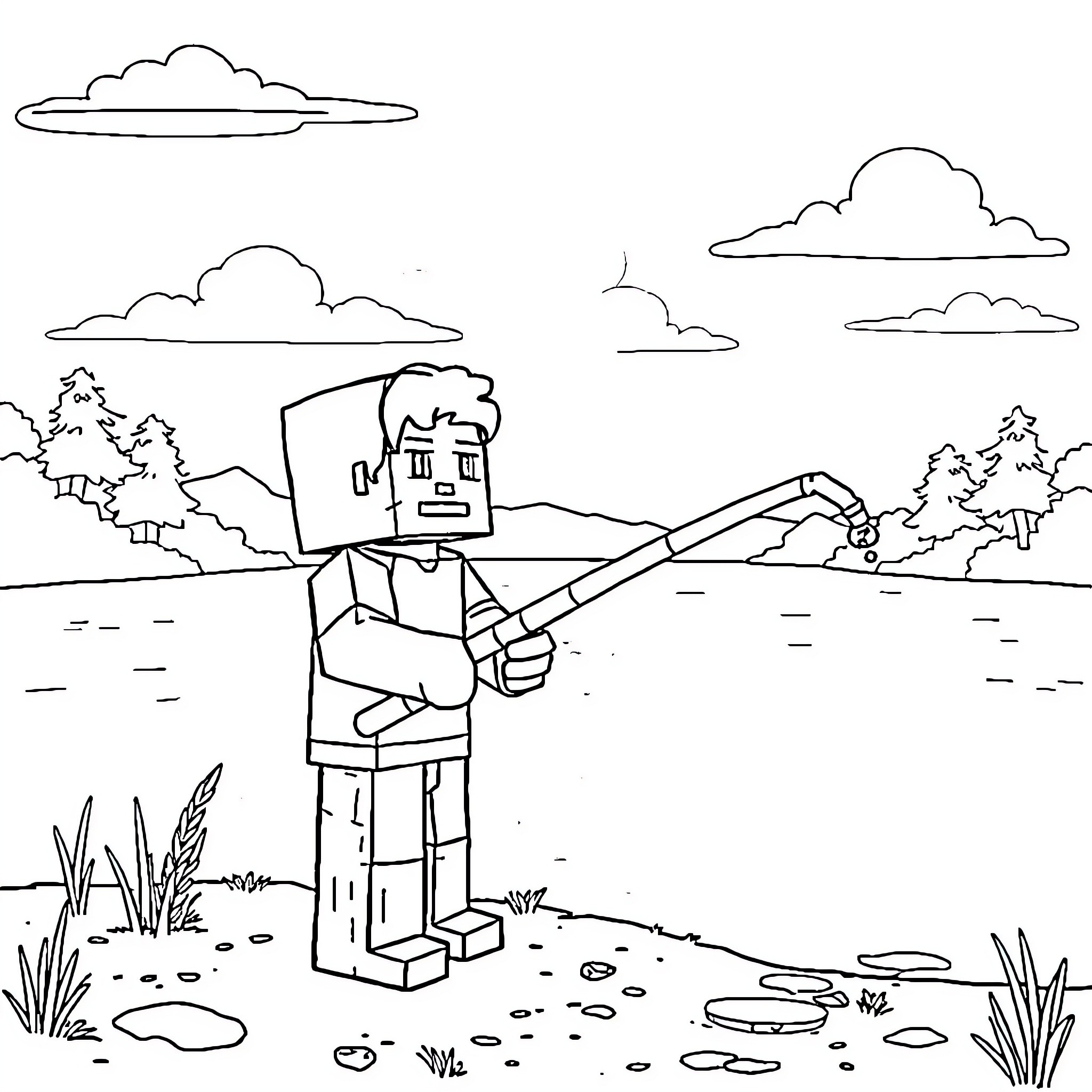 Steve exploring the great outdoors with fishing rod Coloring Page (free black-and-white line drawing printable PDF for all, from beginners to advanced learners, including children, teens, adults, and seniors)