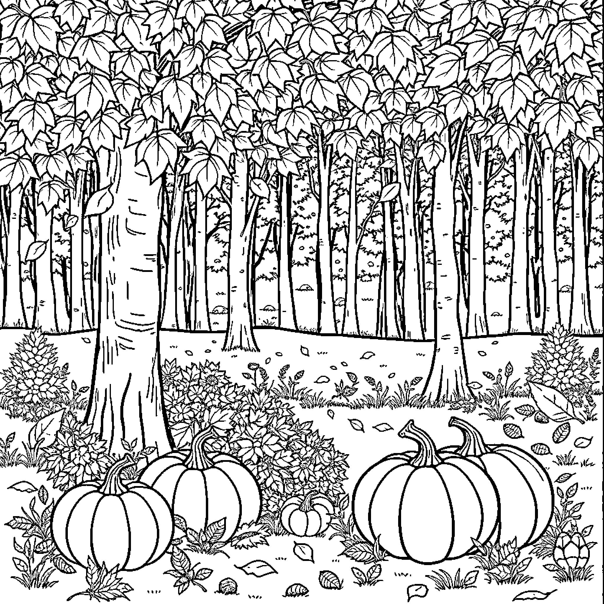 Leaf Forest Autumn Harvest Scene Coloring Page (free black-and-white line drawing printable PDF for all, from beginners to advanced learners, including children, teens, adults, and seniors)