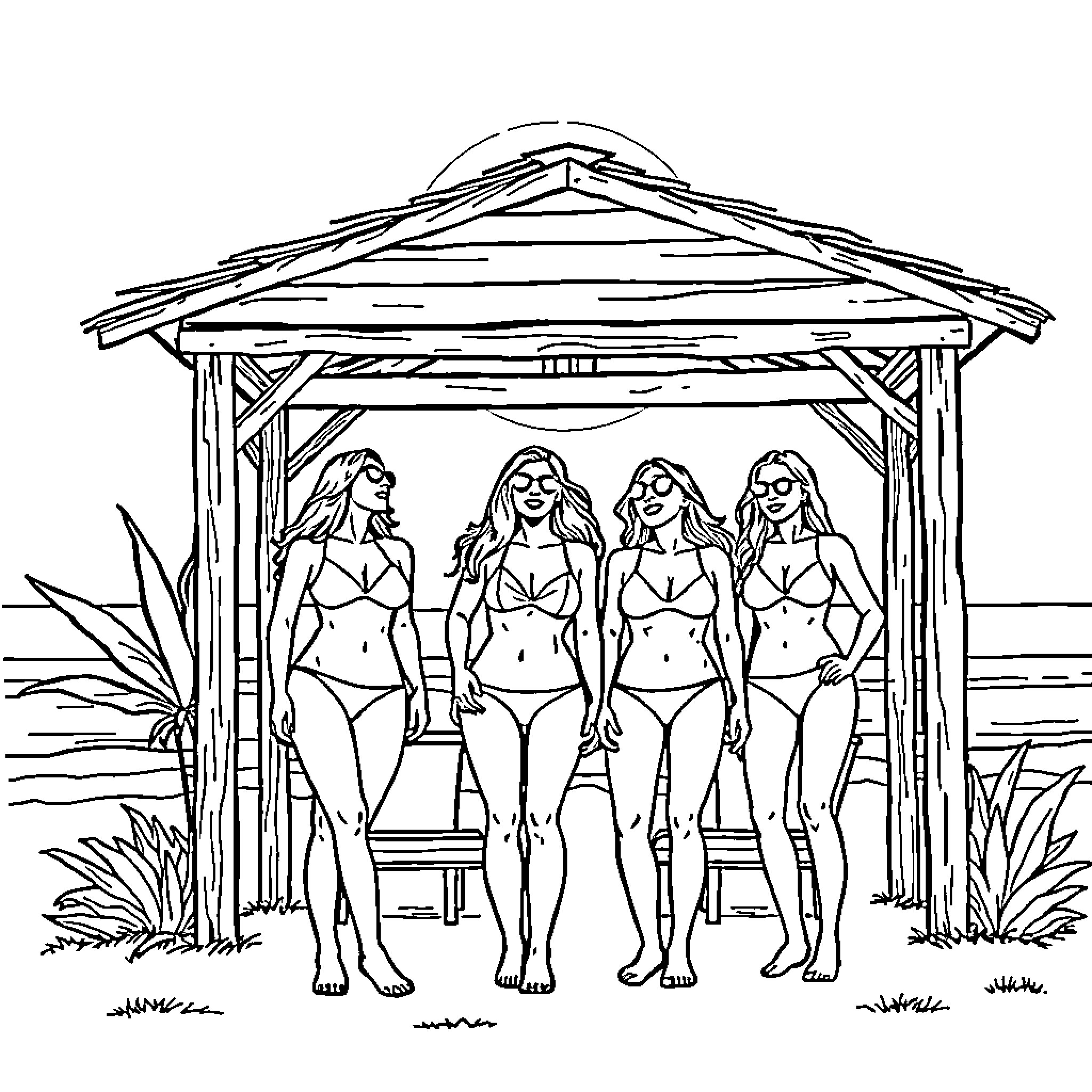 Women posing confidently in outdoor pavilion Coloring Page (free black-and-white line drawing printable PDF for all, from beginners to advanced learners, including children, teens, adults, and seniors)